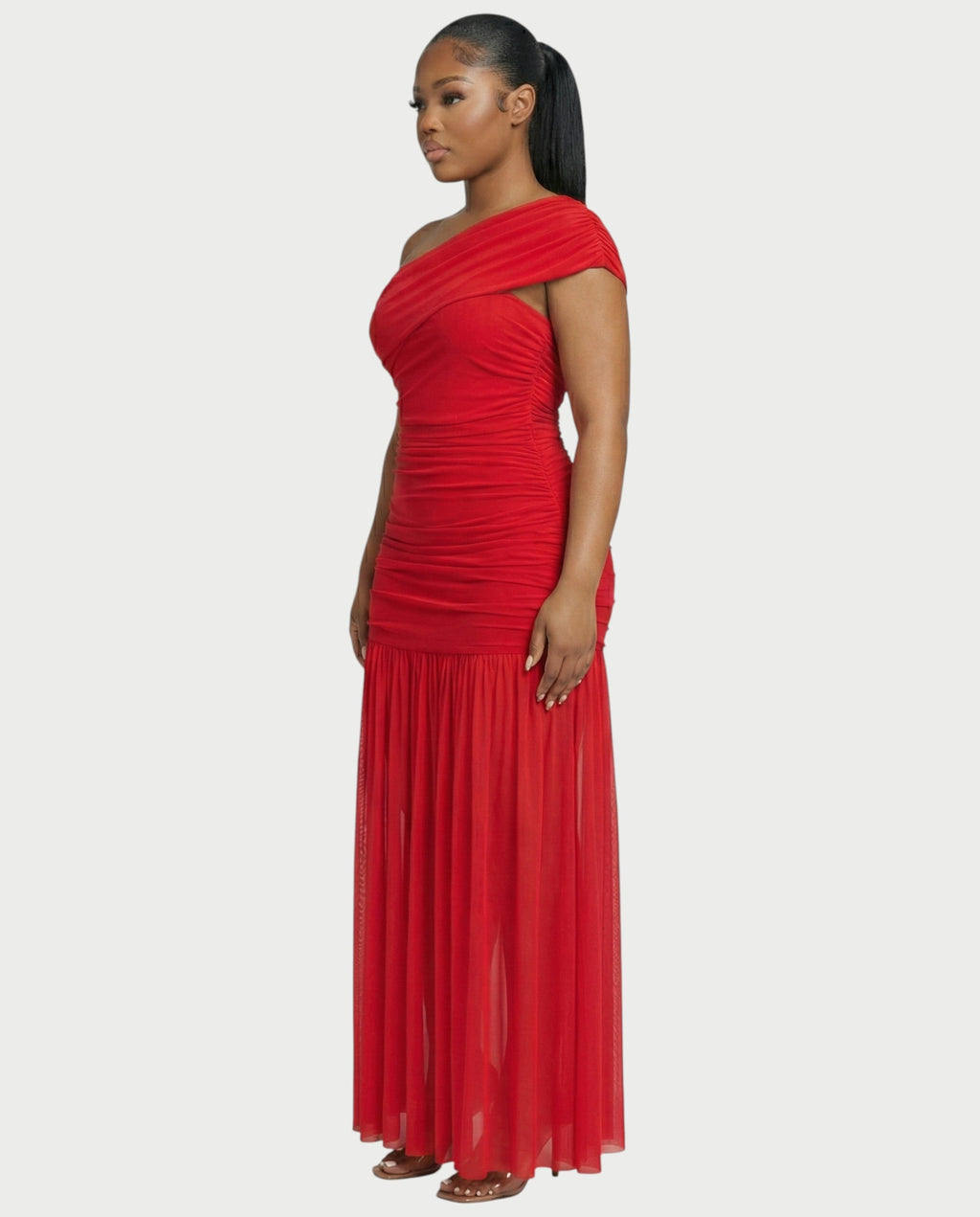 VAREN One-Shoulder Ruched Mesh Maxi Dress