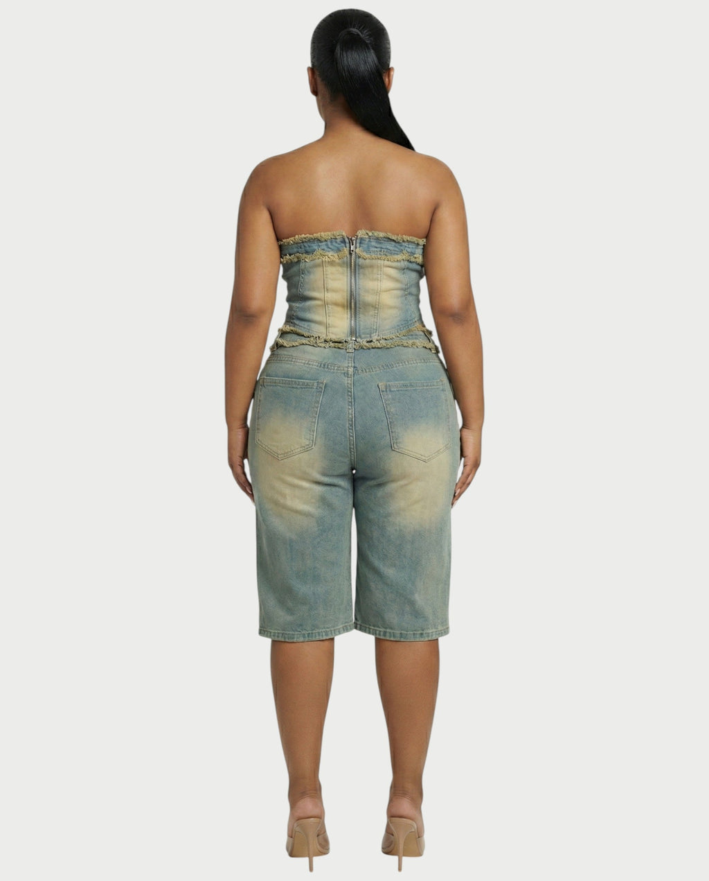 ZYNE Washed Denim Tube Top & Bermuda Shorts Set