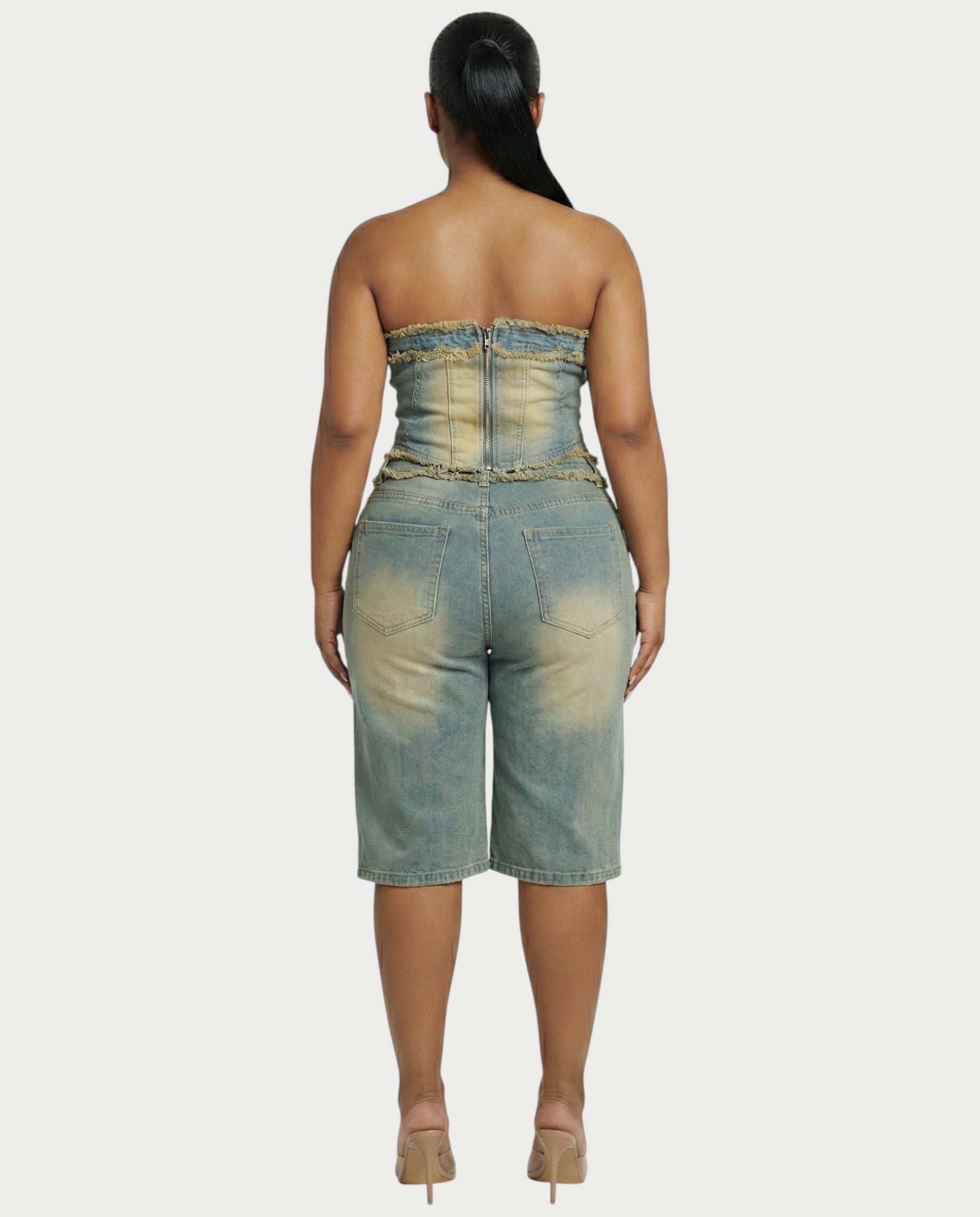 ZYNE Washed Denim Tube Top & Bermuda Shorts Set