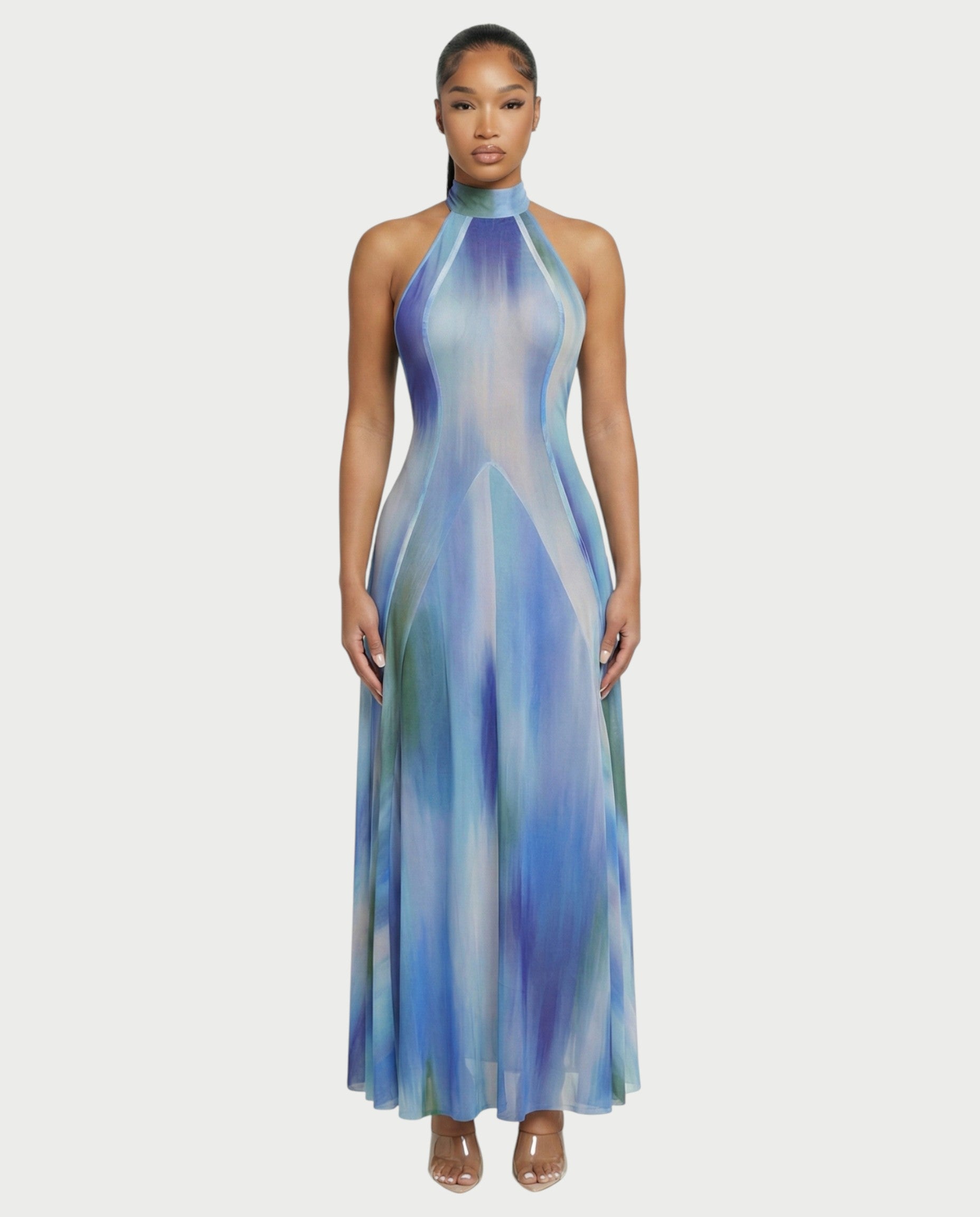 REBECCA High Neck Watercolor Maxi Dress