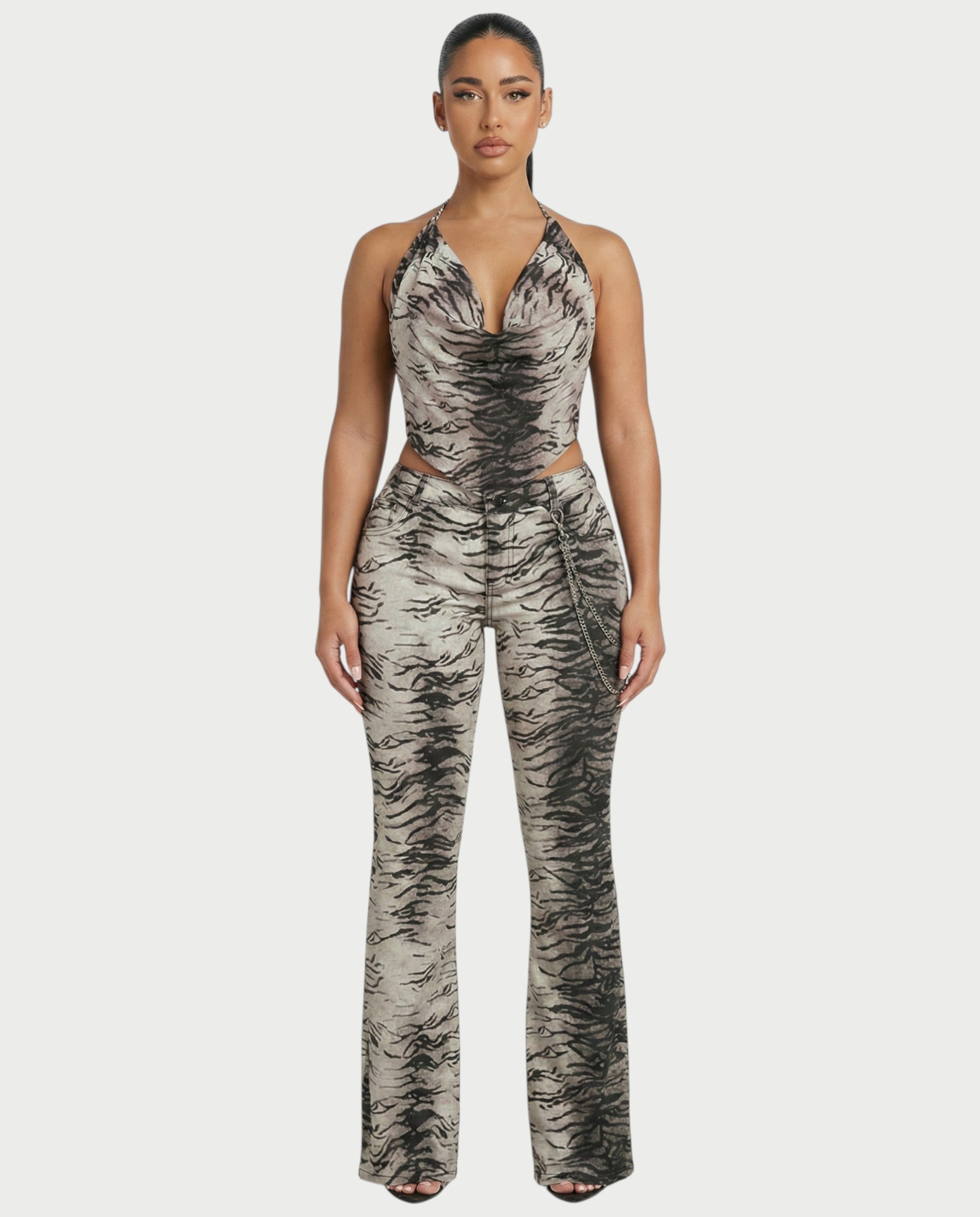 VEXA Zebra Print Top and Denim Jeans Set
