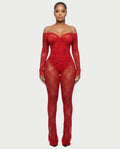 RAMILA Off-Shoulder Sheer Lace Top & Flared Pants Set