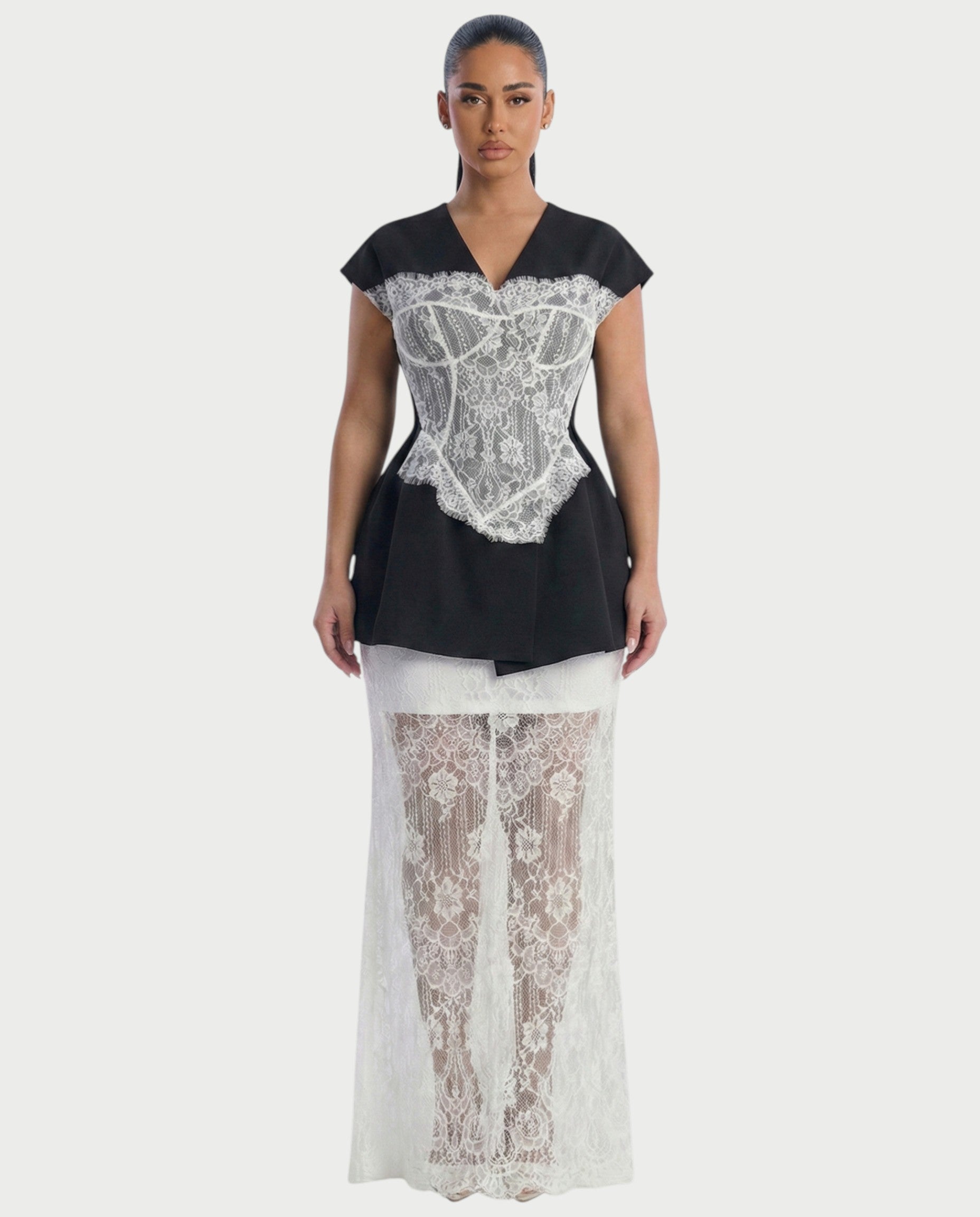 ELVIA Lace Corset Top & Sheer Lace Maxi Skirt Set