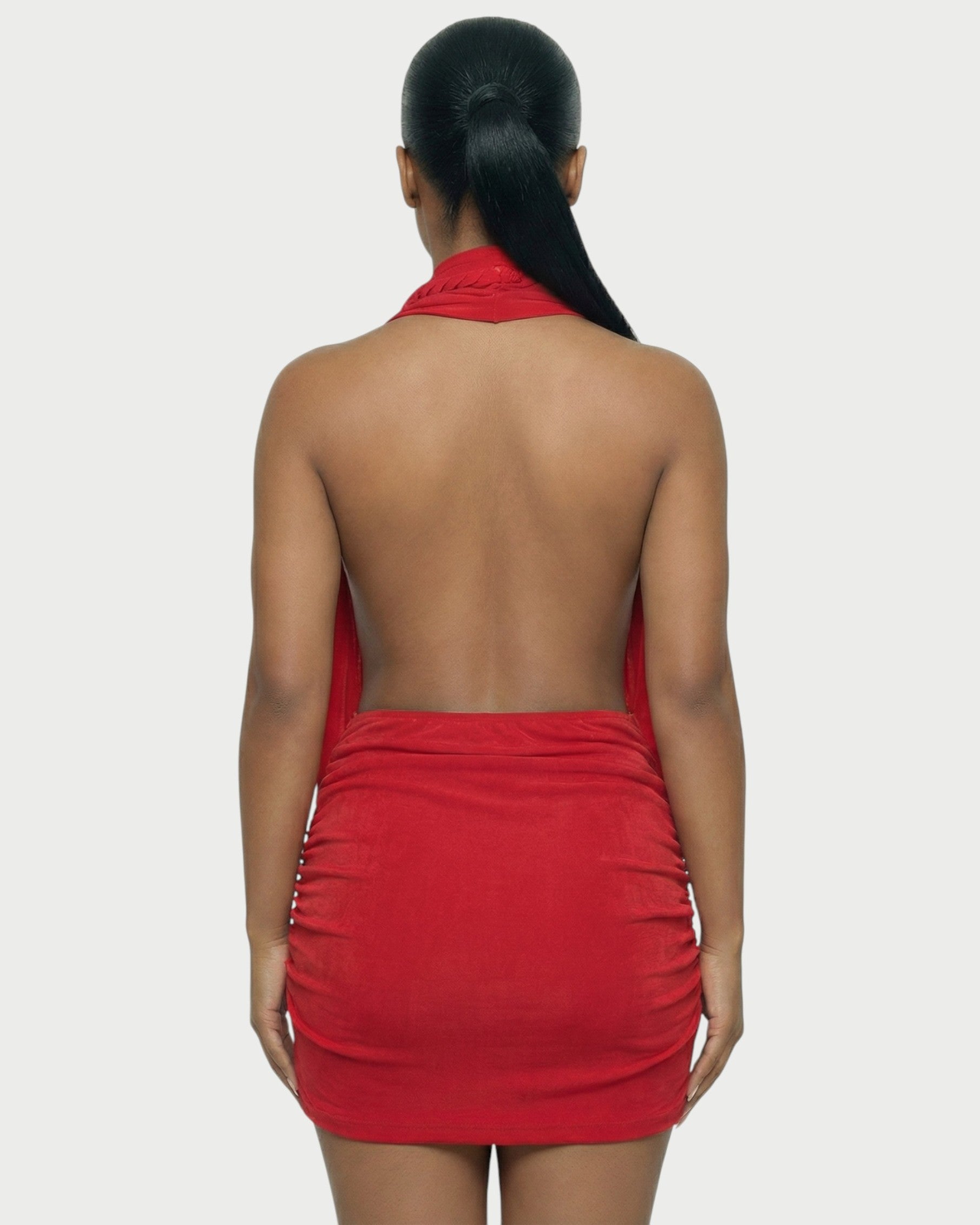 SIONA Rope Trim Draped Halter Mini Dress