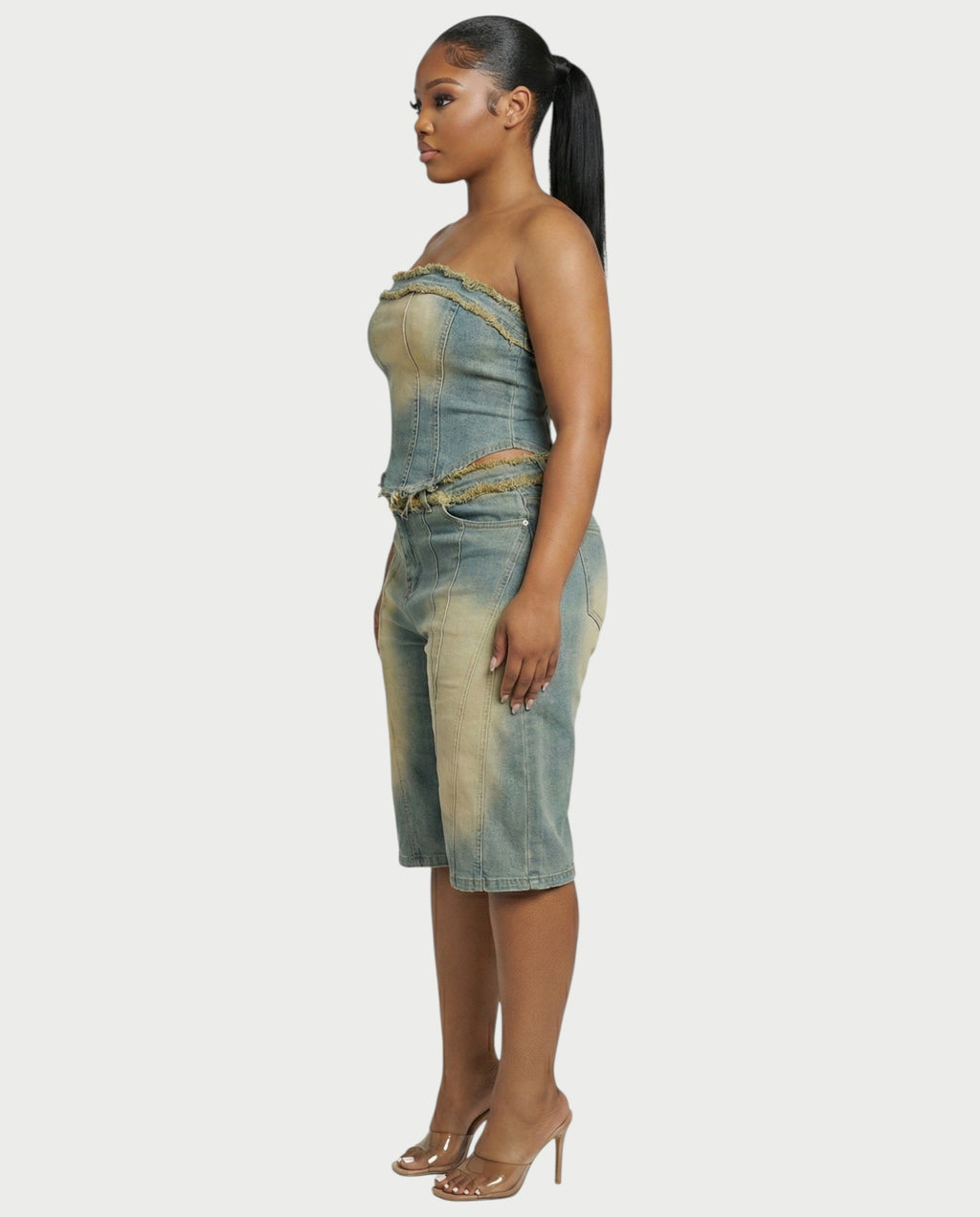 ZYNE Washed Denim Tube Top & Bermuda Shorts Set