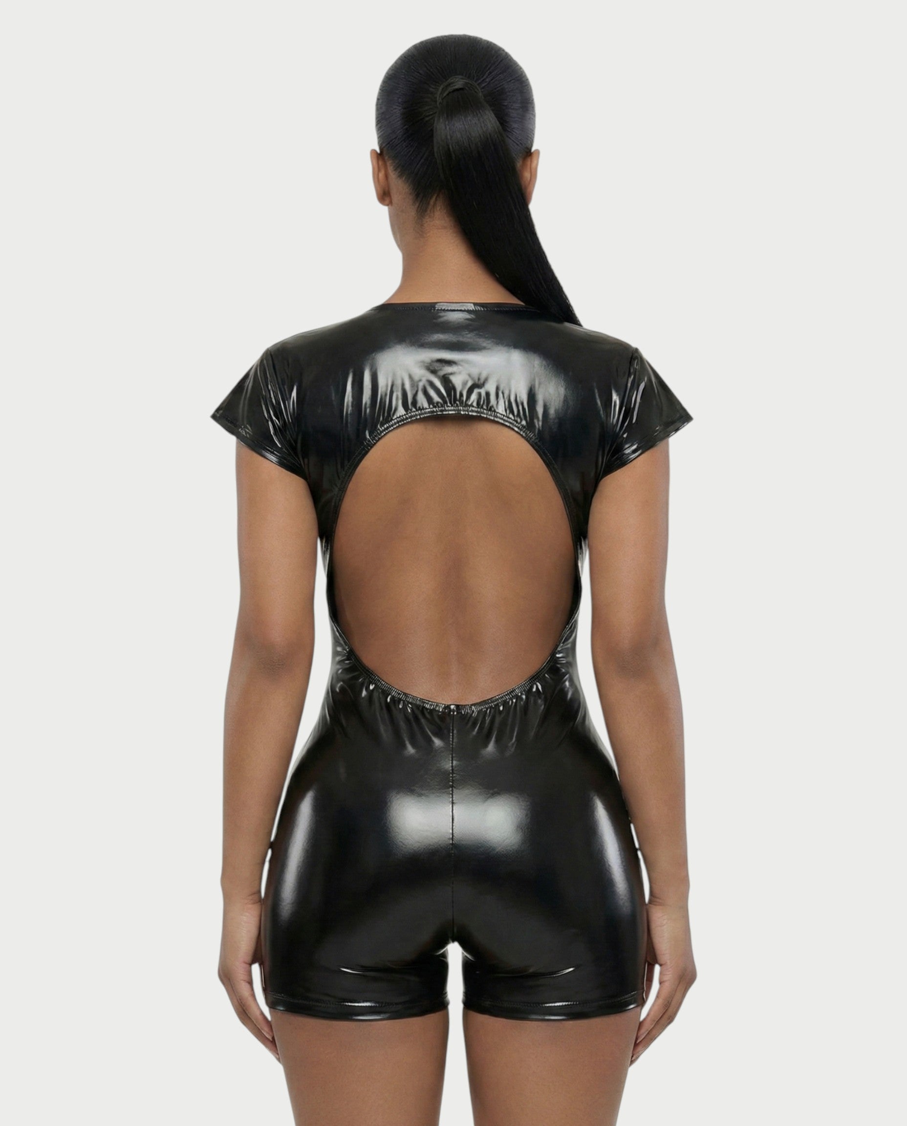 ANGELA Faux Leather Backless Romper