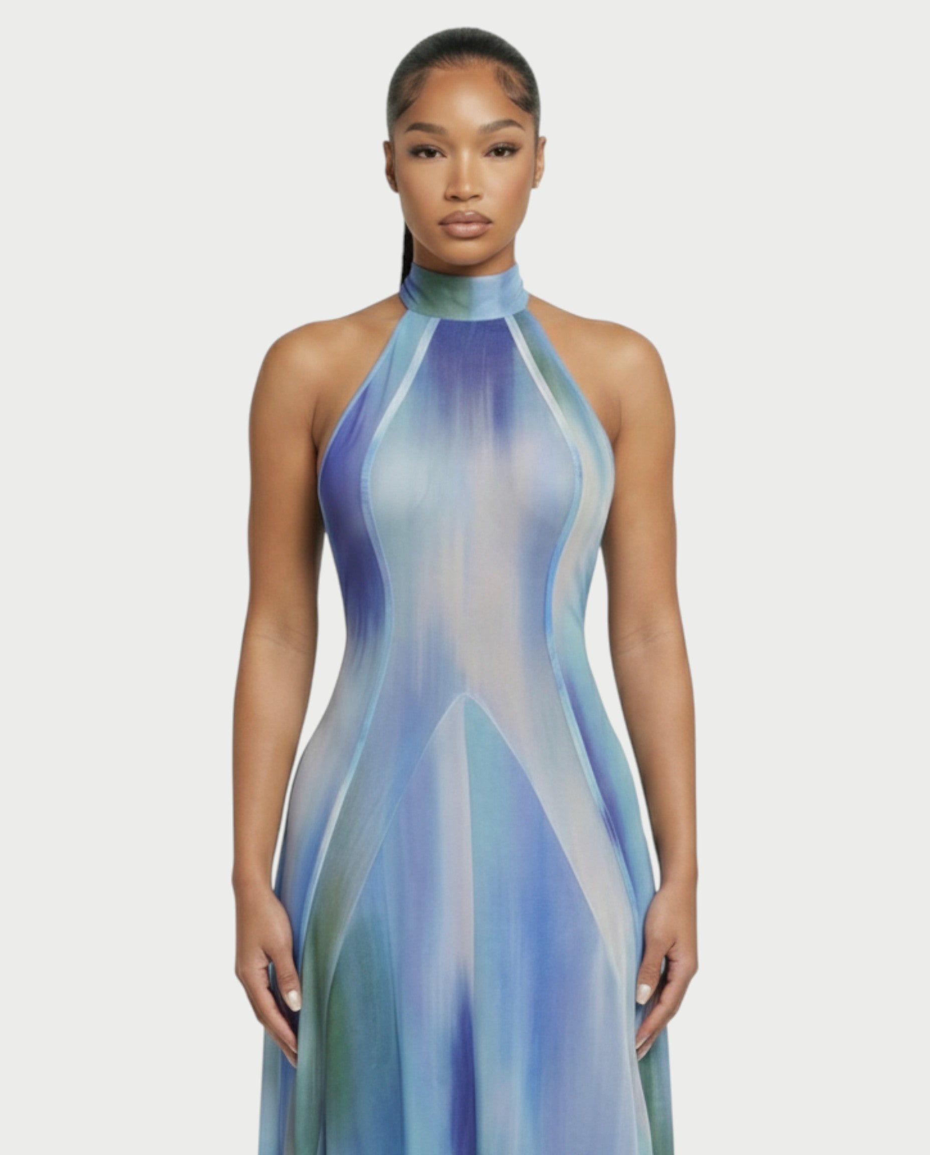 REBECCA High Neck Watercolor Maxi Dress