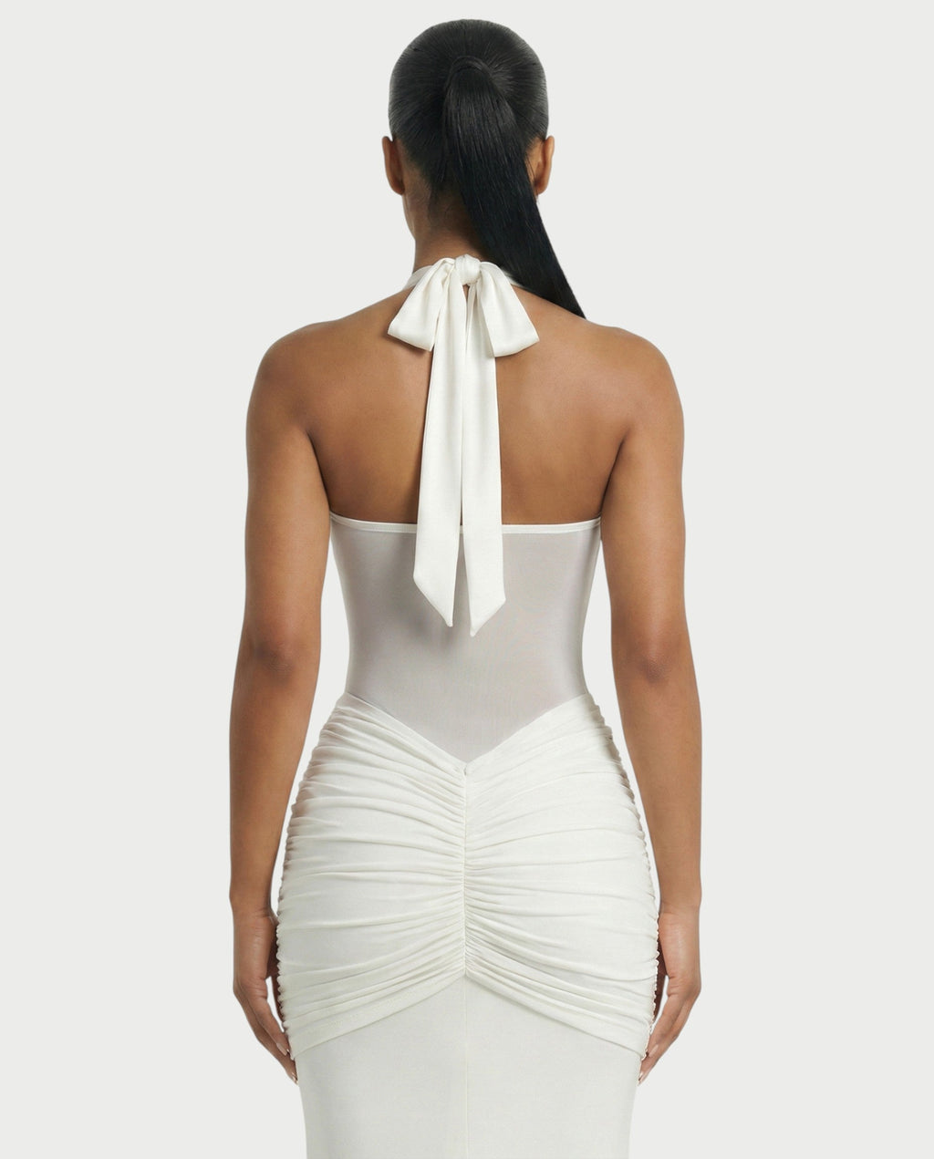 ALLEYA Halterneck Ruched Mesh Panel Maxi Dress