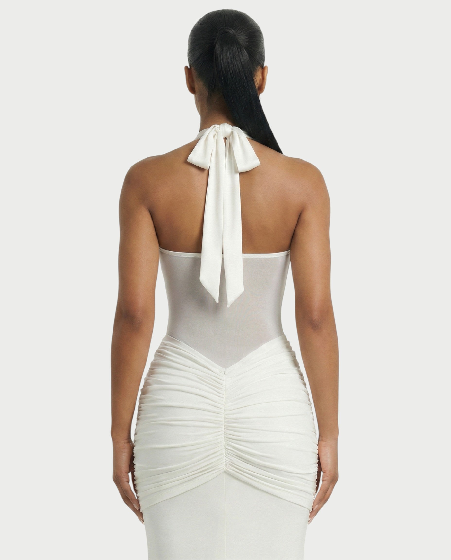 ALLEYA Halterneck Ruched Mesh Panel Maxi Dress