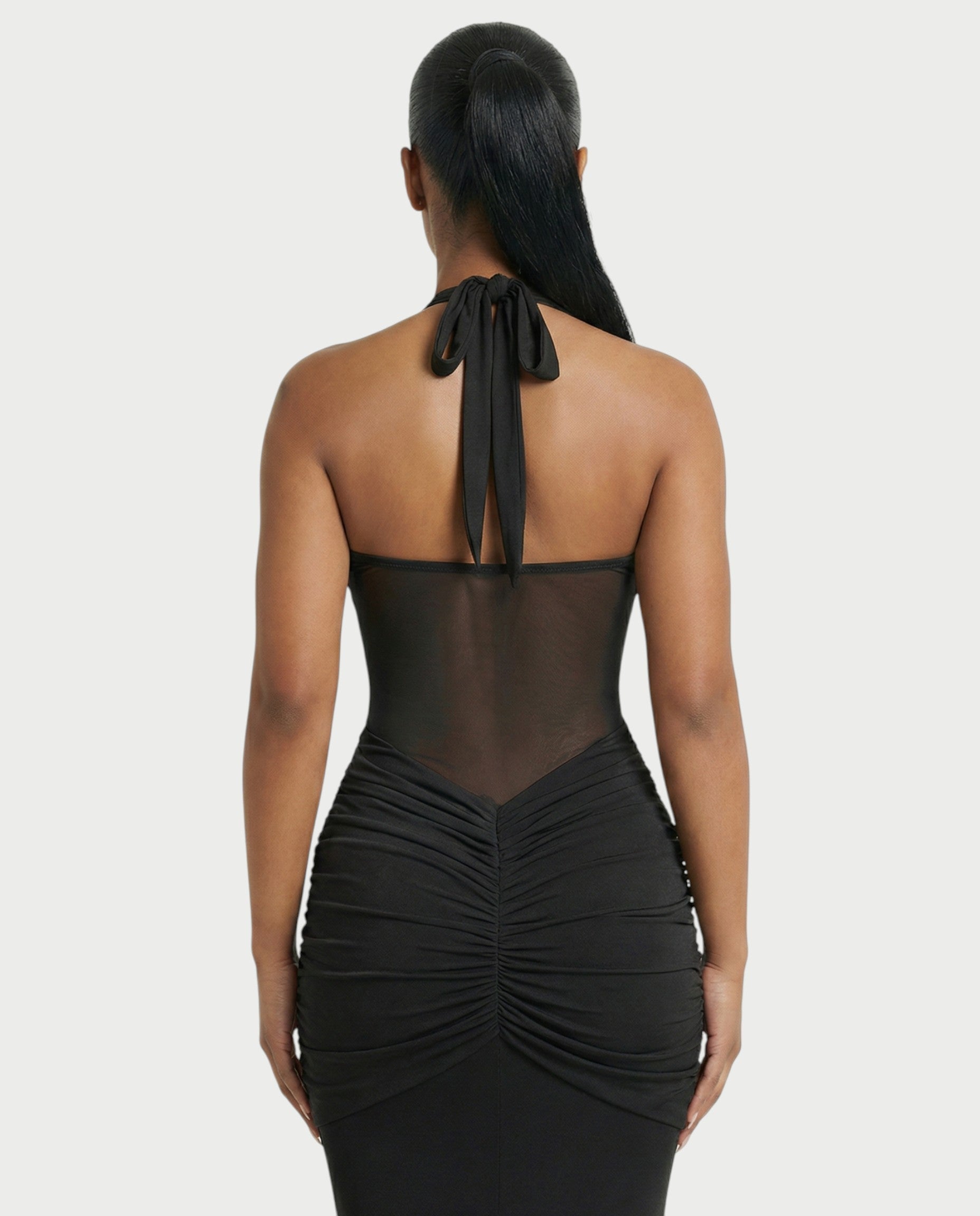 ALLEYA Halterneck Ruched Mesh Panel Maxi Dress