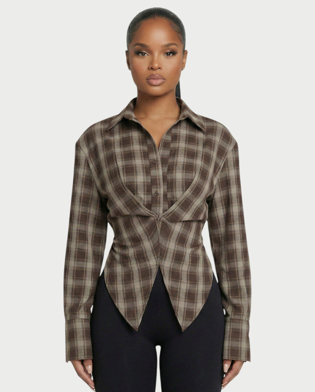 HELINA Plaid Cinched Waist Shirt Top