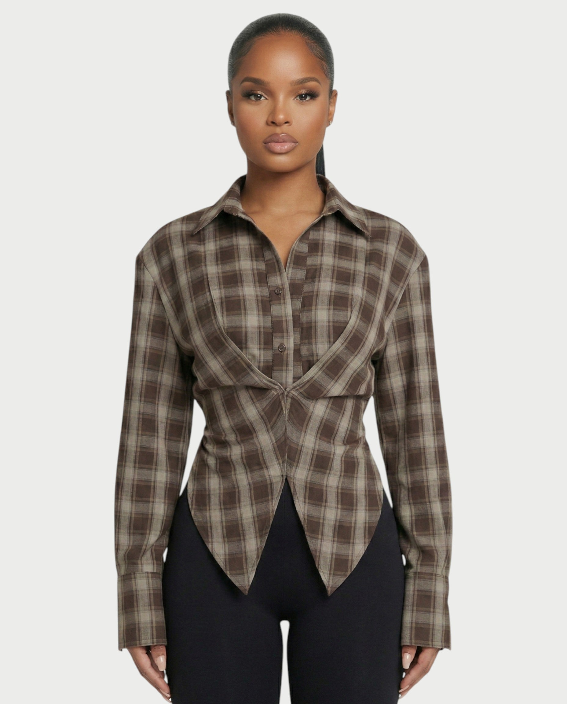 HELINA Plaid Cinched Waist Shirt Top