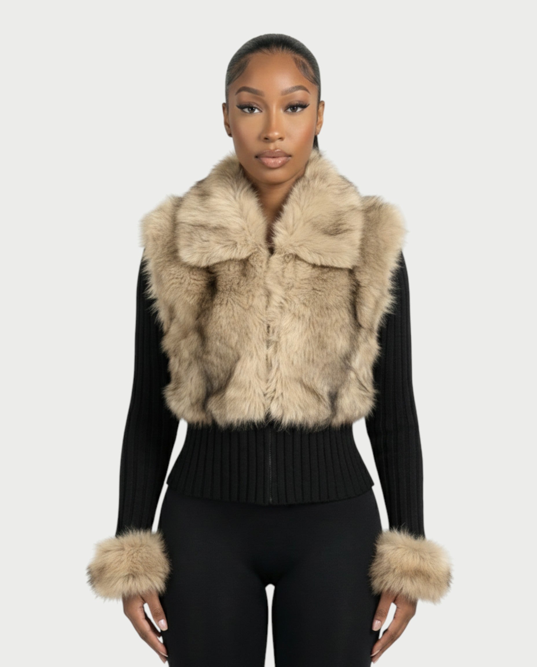 TRINAYA Faux Fur Trim Ribbed Knit Jumper