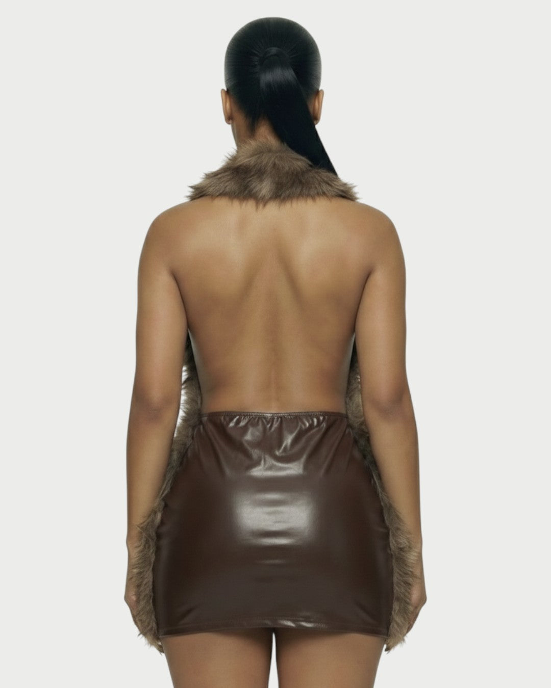 GIVELLE Faux Fur Trim Leather Mini Dress
