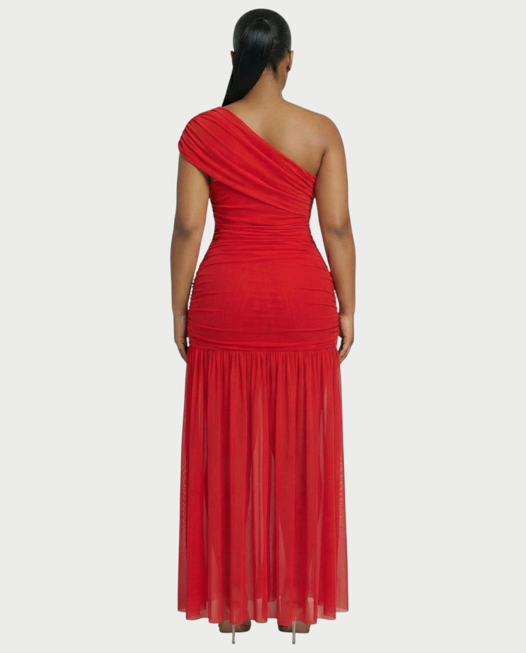 VAREN One-Shoulder Ruched Mesh Maxi Dress