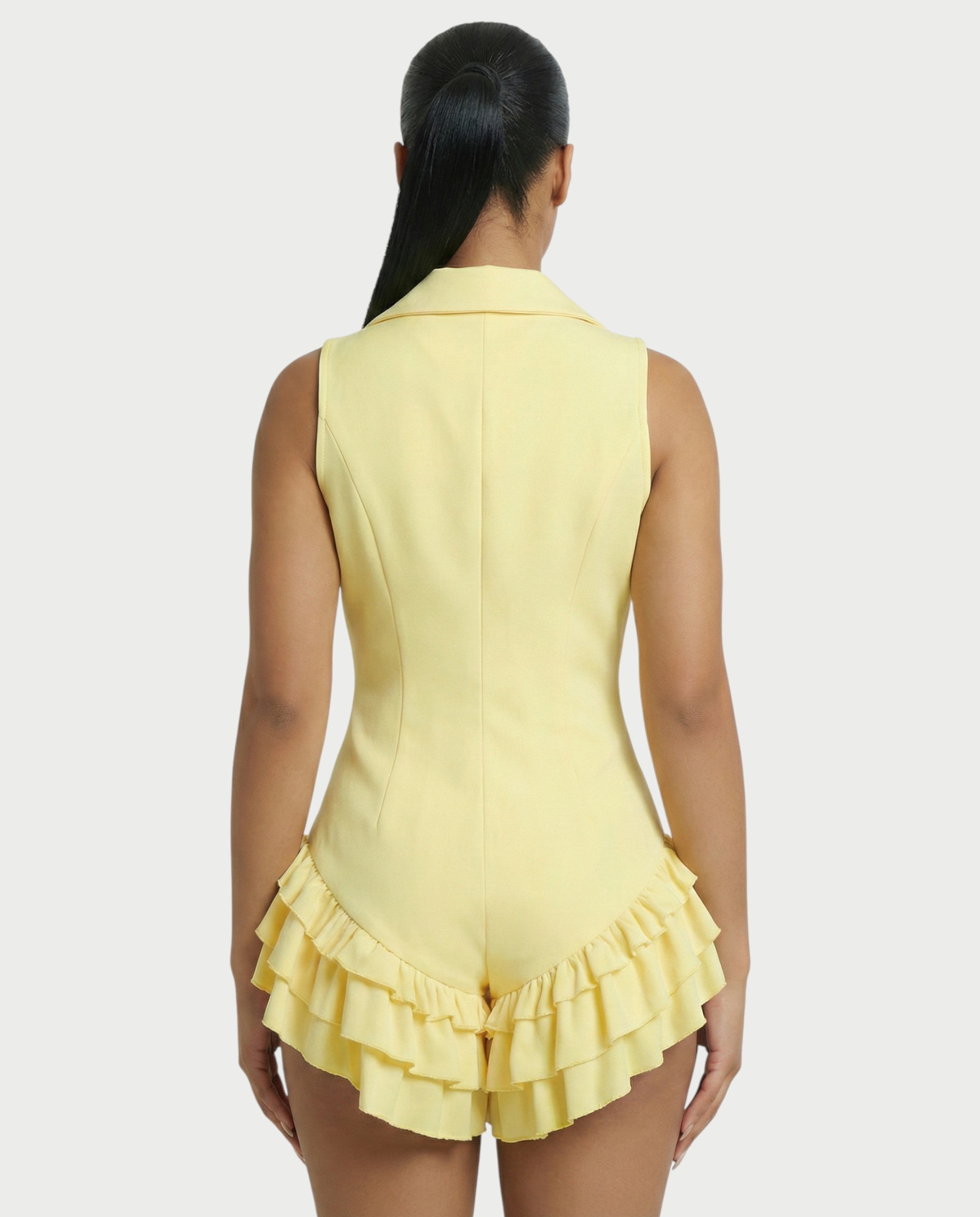 NIVARA Tailored Ruffle-Trim Tuxedo Romper