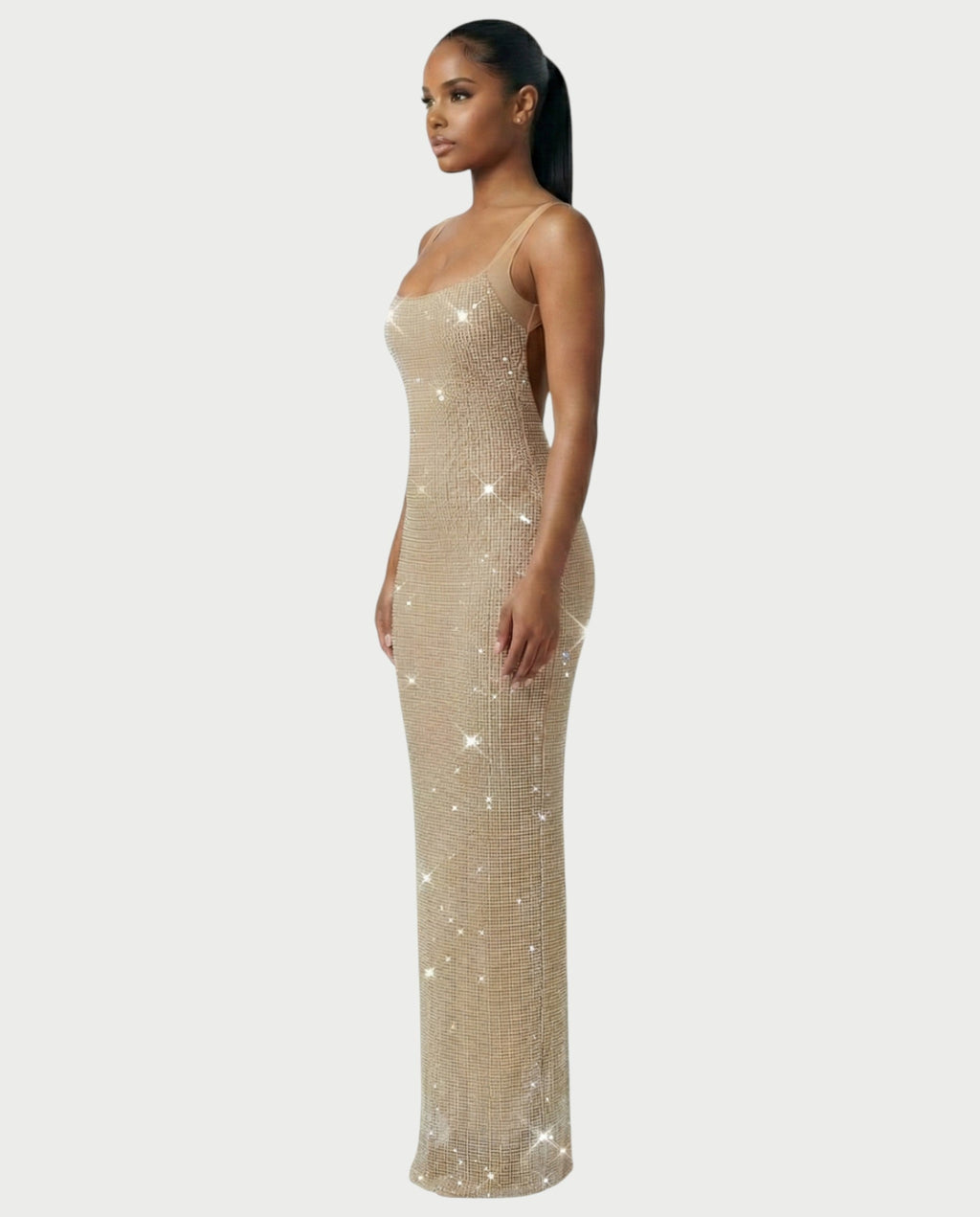 JADA Rhinestone Embelished Open-Back Maxi Dress