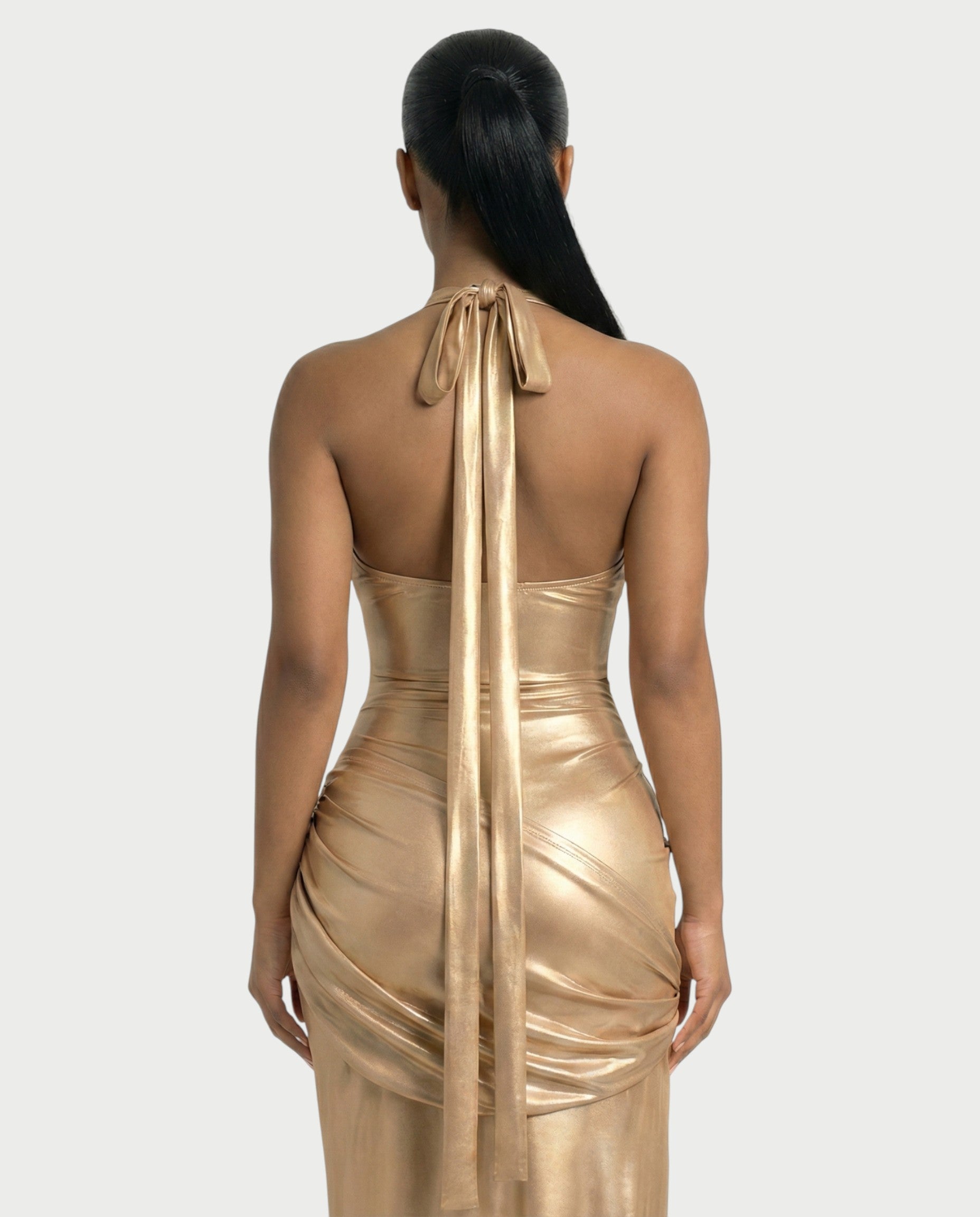 ARAYA Metallic Ruched High-Slit Maxi Dress