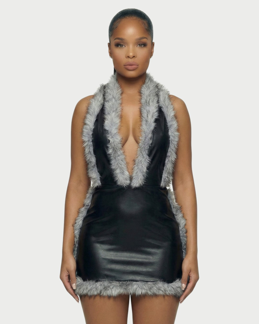 GIVELLE Faux Fur Trim Leather Mini Dress