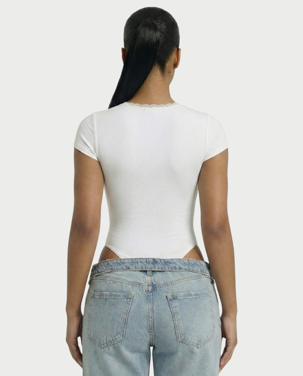 Ribbed Lace-Trim Square Neck Bodysuit