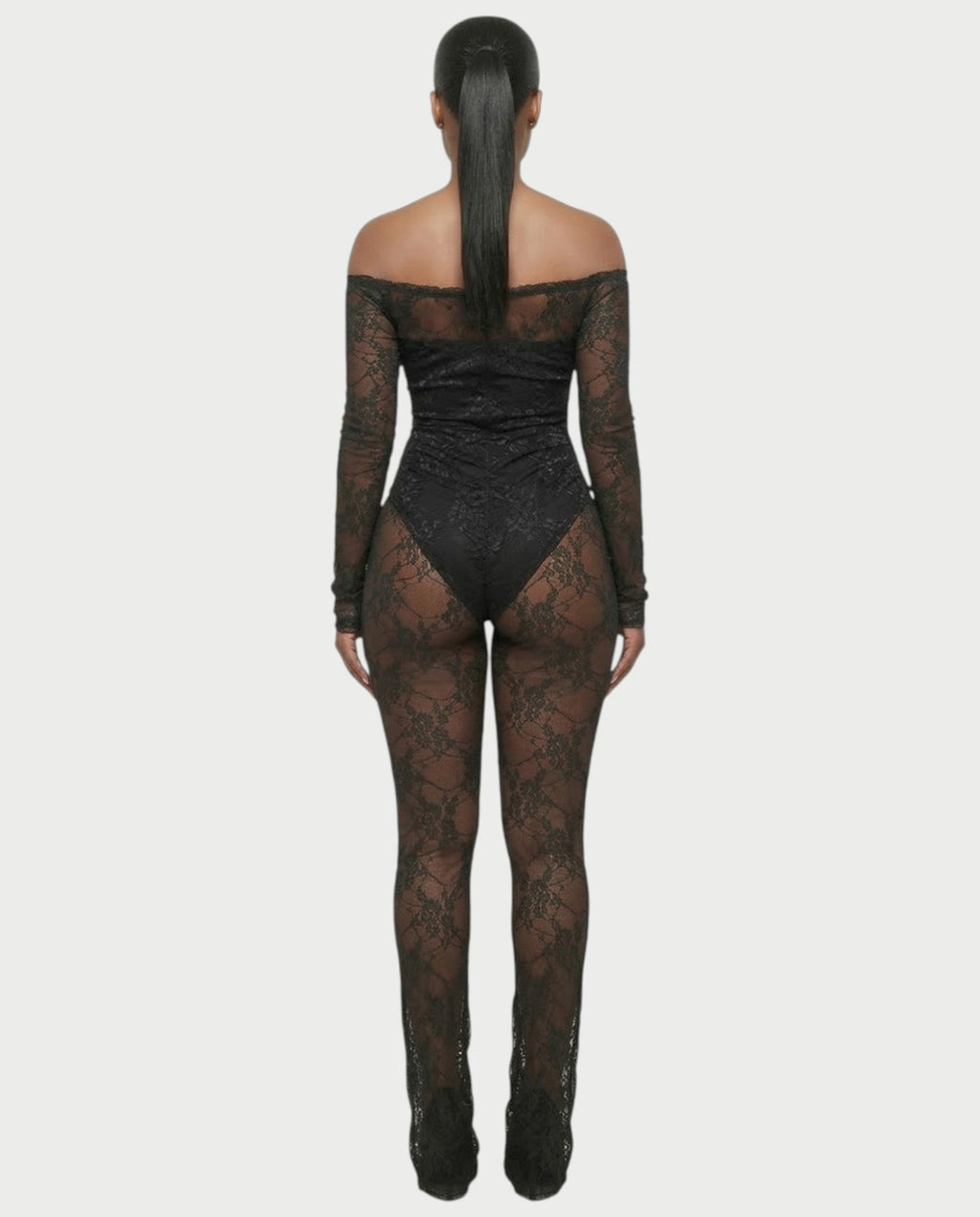 RAMILA Off-Shoulder Sheer Lace Top & Flared Pants Set