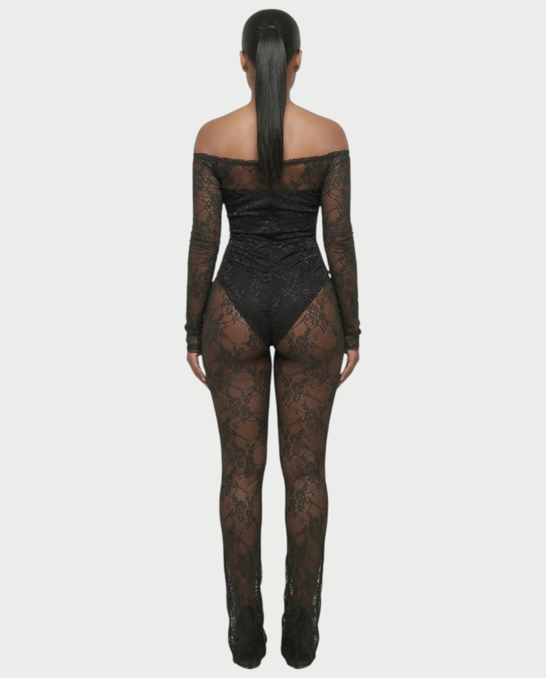 RAMILA Off-Shoulder Sheer Lace Top & Flared Pants Set