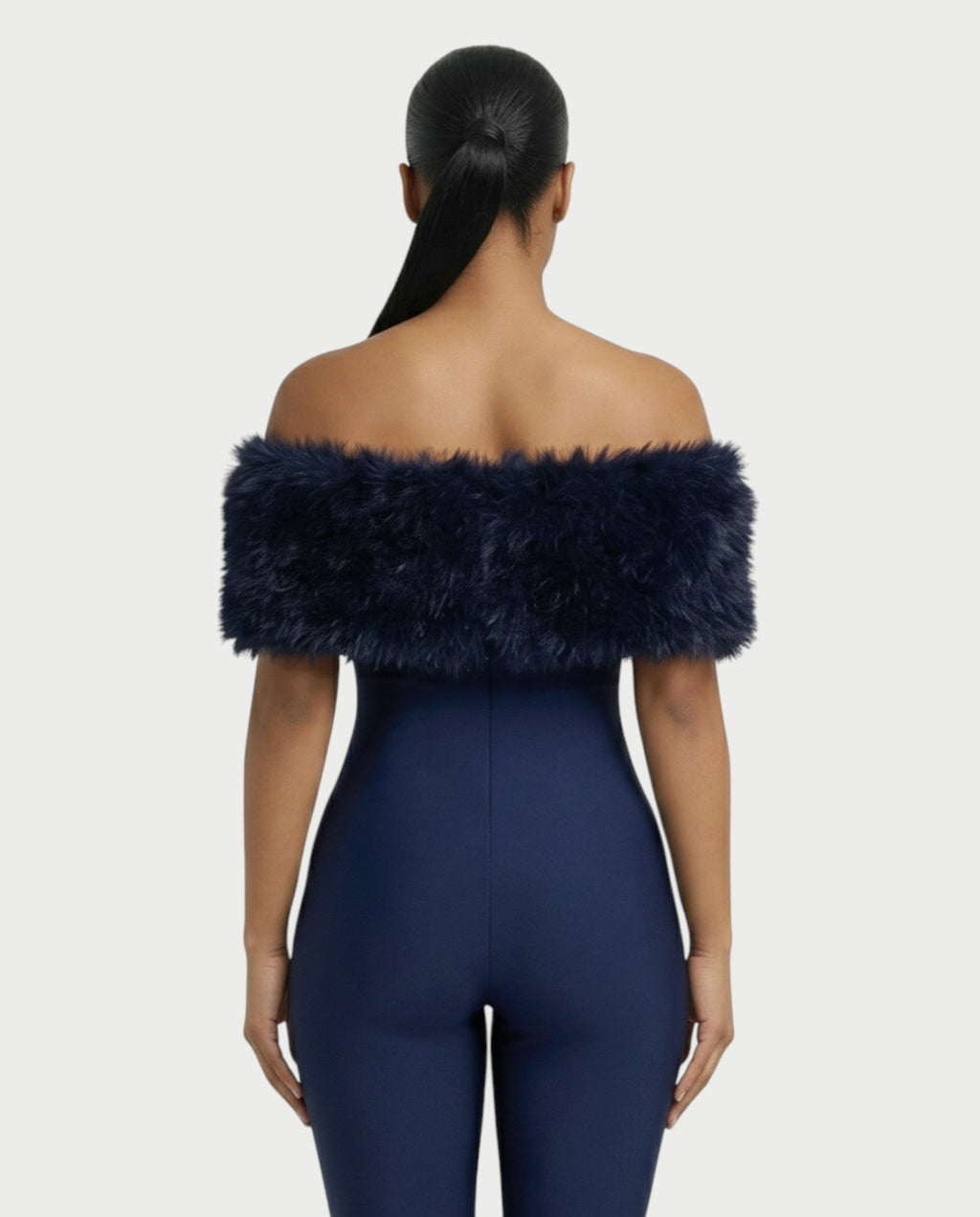 TRINA Off-Shoulder Faux Fur Trim Jumpsuit