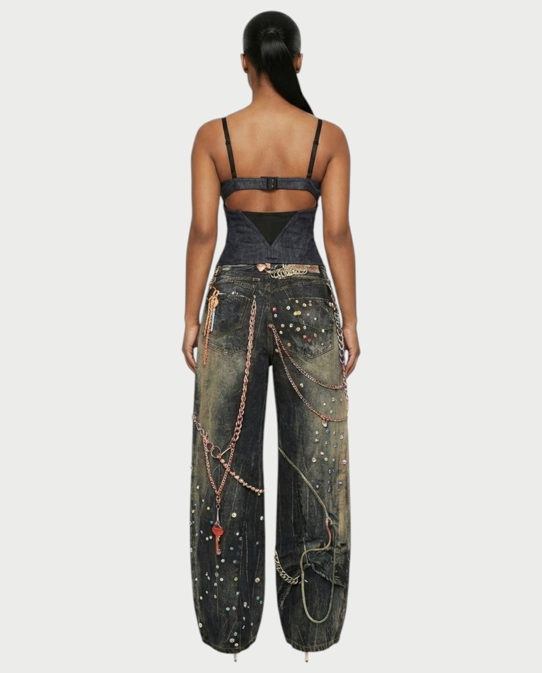 SANZA Vintage Denim Chain Detail Wide-Leg Pants