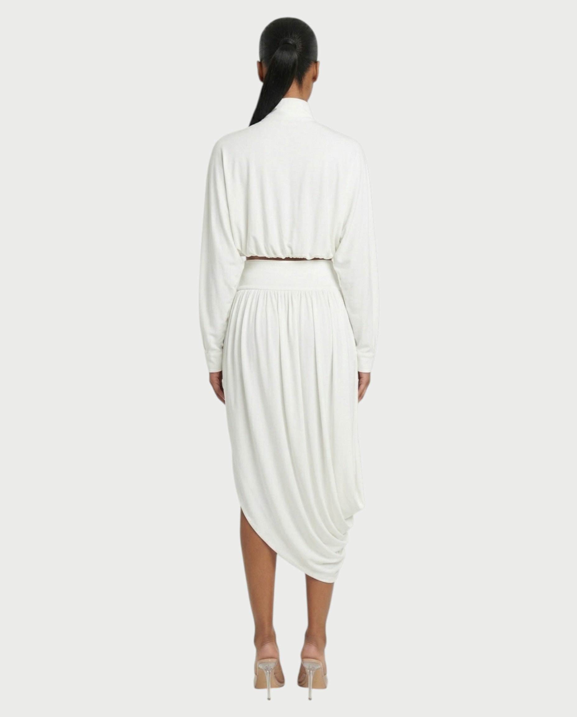 VANYS Zip-Up Crop Top & Draped Midi Skirt Set
