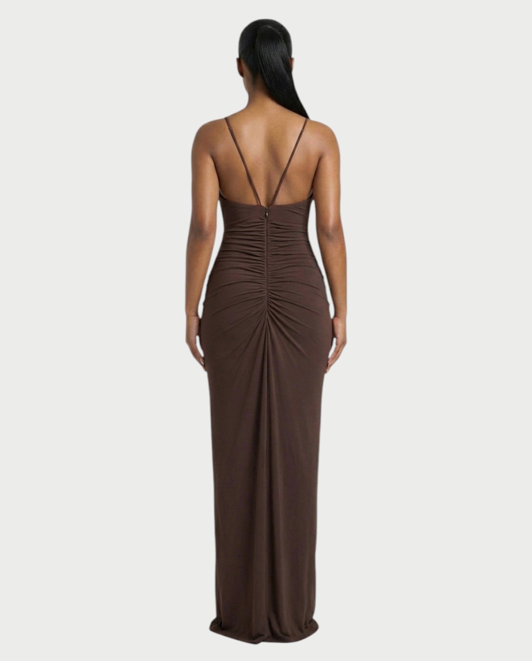 LEXA Ruched Deep V Buckle Strap Maxi Dress