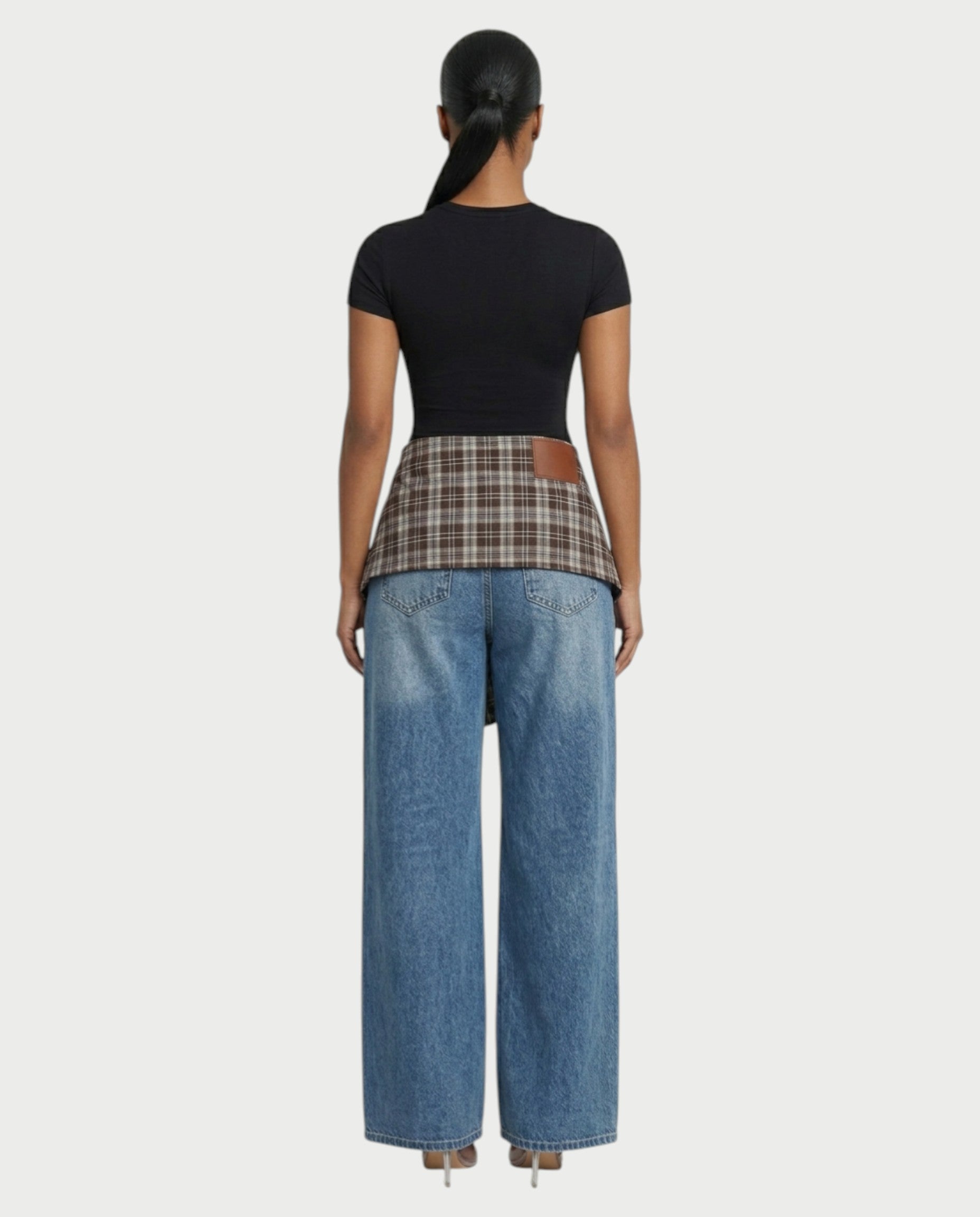 ESSIA Plaid Waist Straight-Cut Denim Pants
