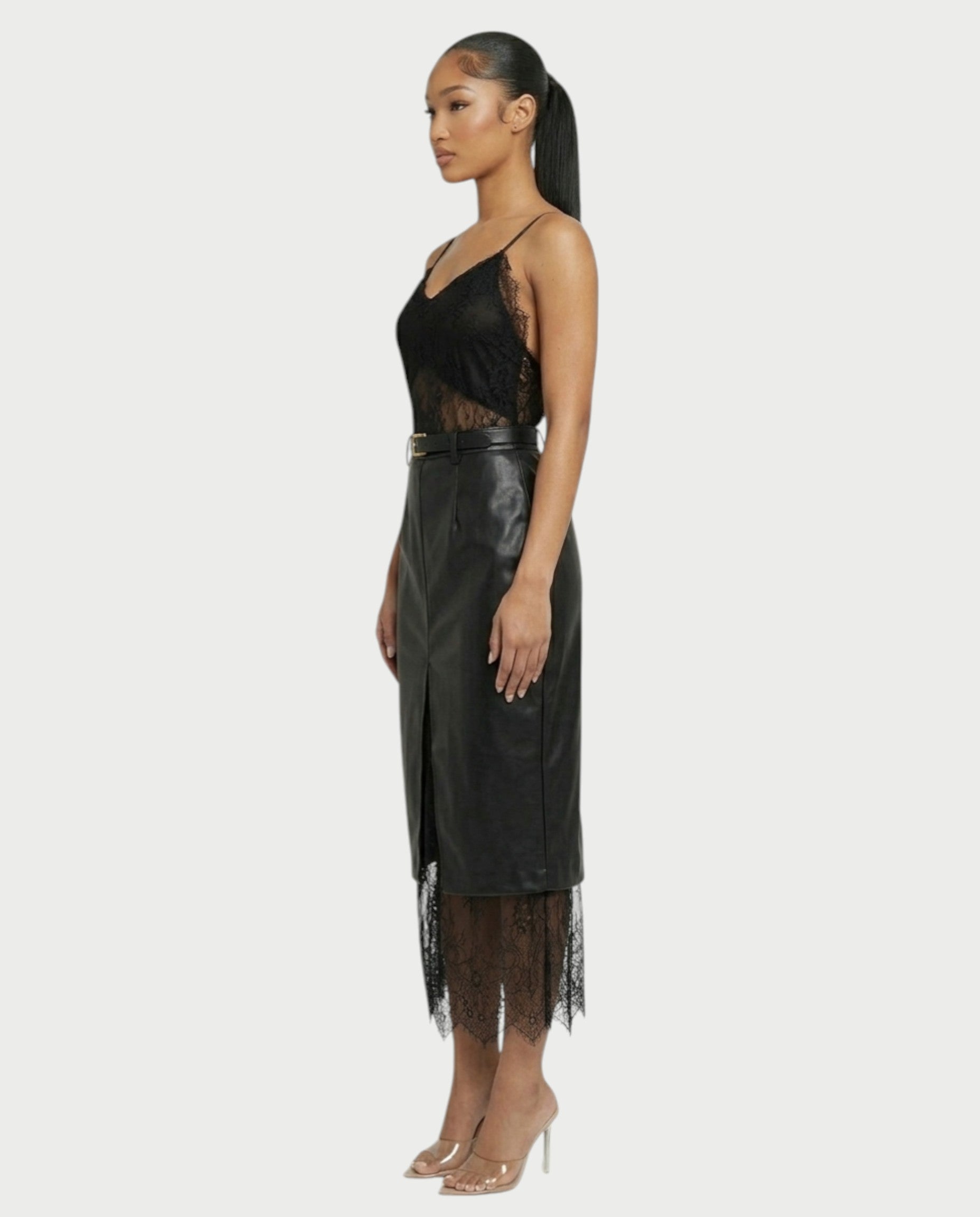 VANGE Lace Camisole & Belted Faux Leather Midi Skirt Set