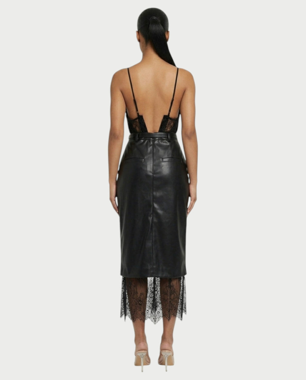 VANGE Lace Camisole & Belted Faux Leather Midi Skirt Set