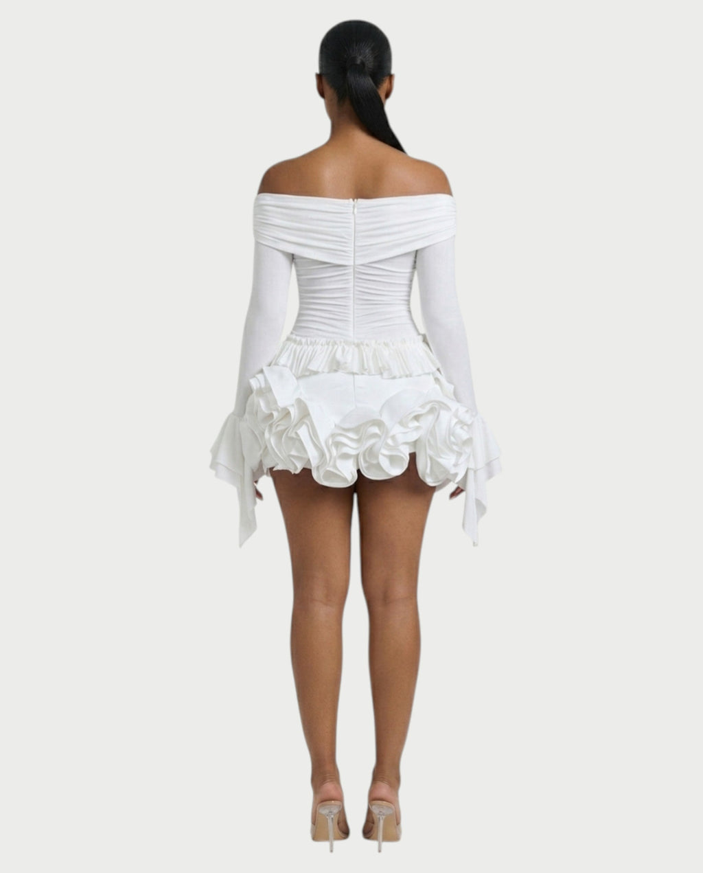 URELLE Off-Shoulder Ruched Top & Ruffle Mini Skort Set
