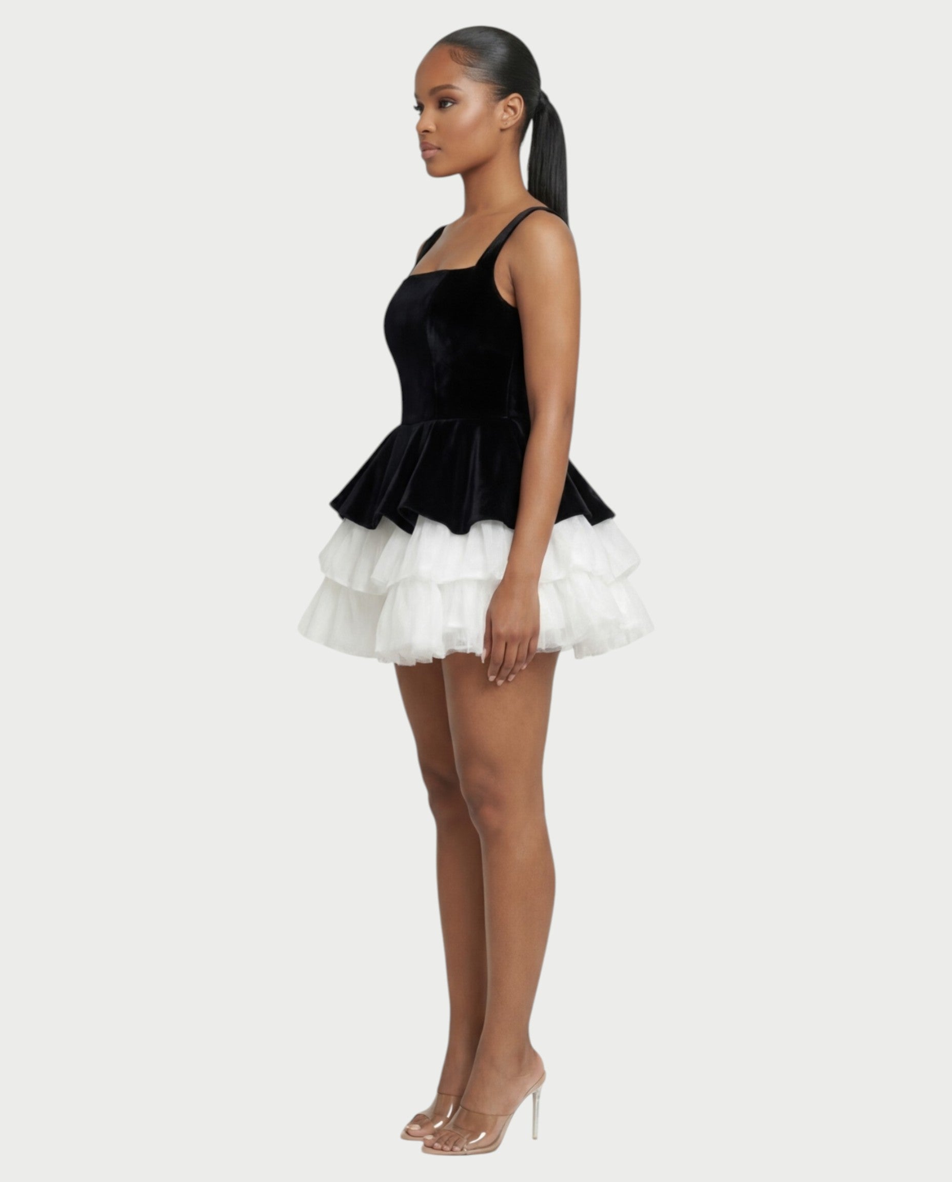 QUIRA Layered Tulle Peplum Mini Dress