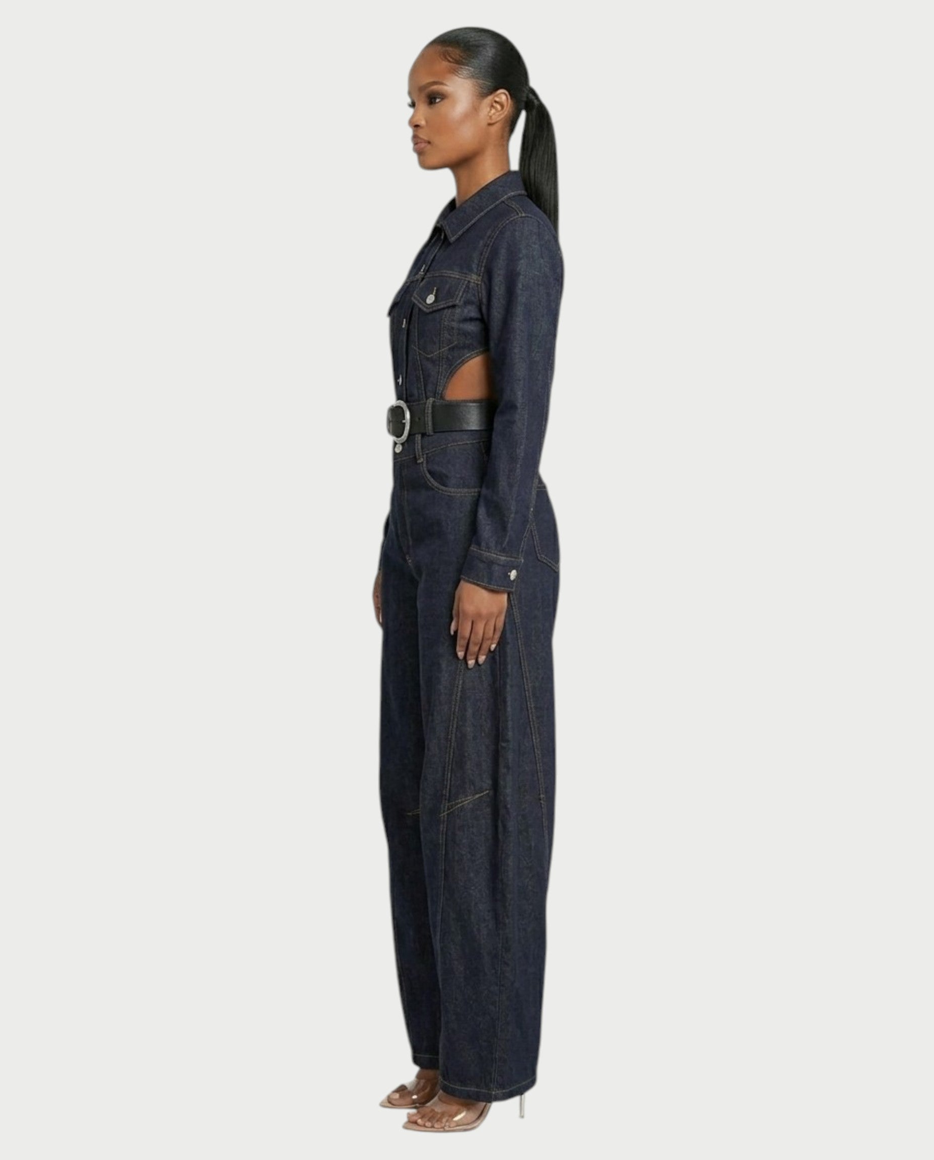OFELIA Denim Belted Jacket & Wide-Leg Pants Set