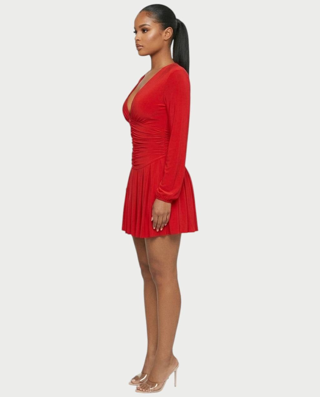 VINNA Ruched Waist-cinching Pleated Mini Dress