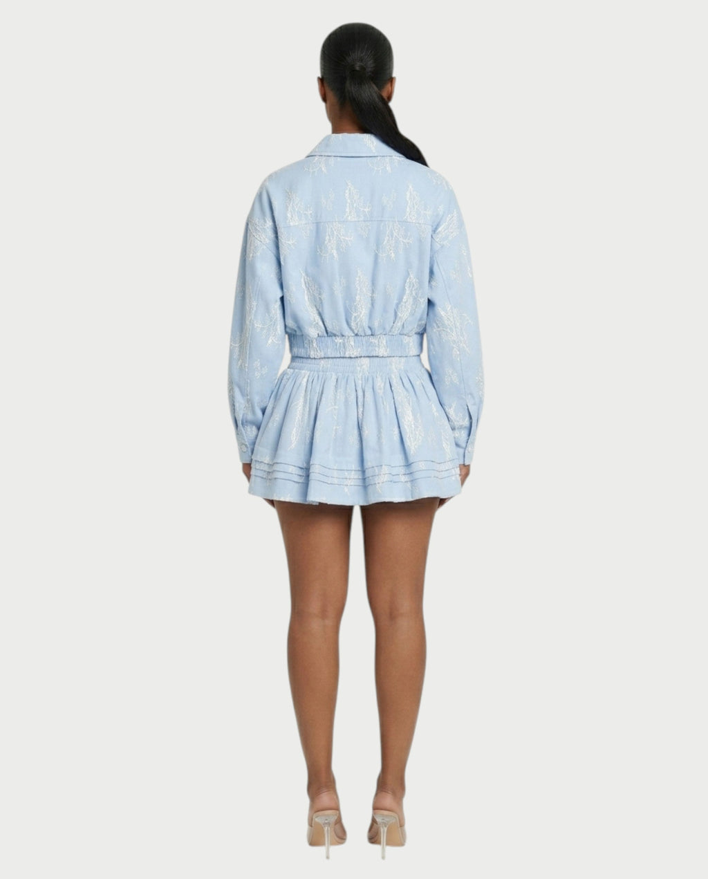 VETTE Ruffled Lace Zip-Up Jacket & Mini Skirt Set