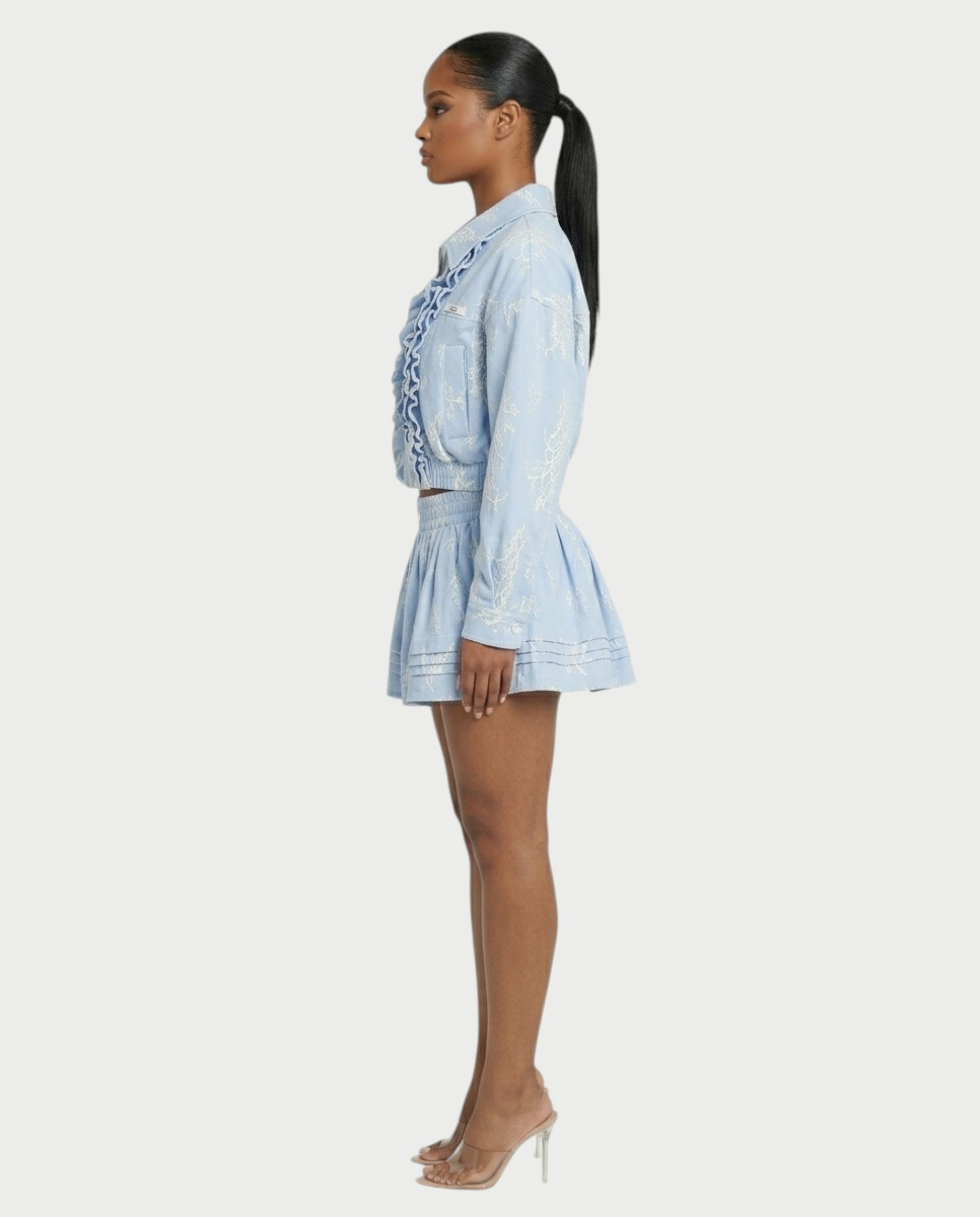 VETTE Ruffled Lace Zip-Up Jacket & Mini Skirt Set