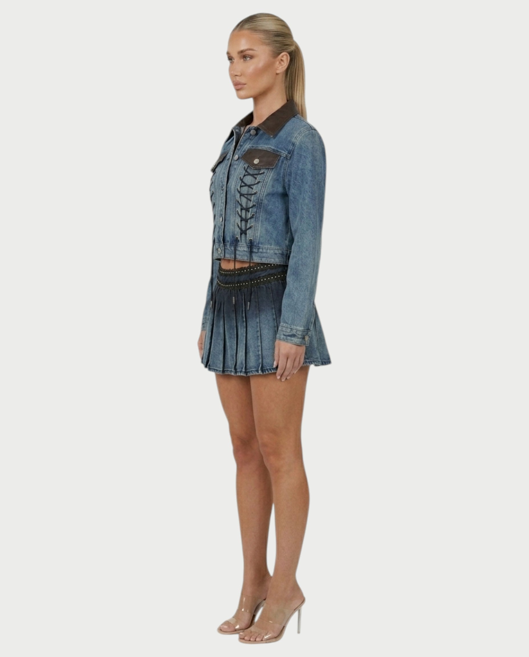 VERYL Lace-Up Denim Jacket & Pleated Mini Skort Set