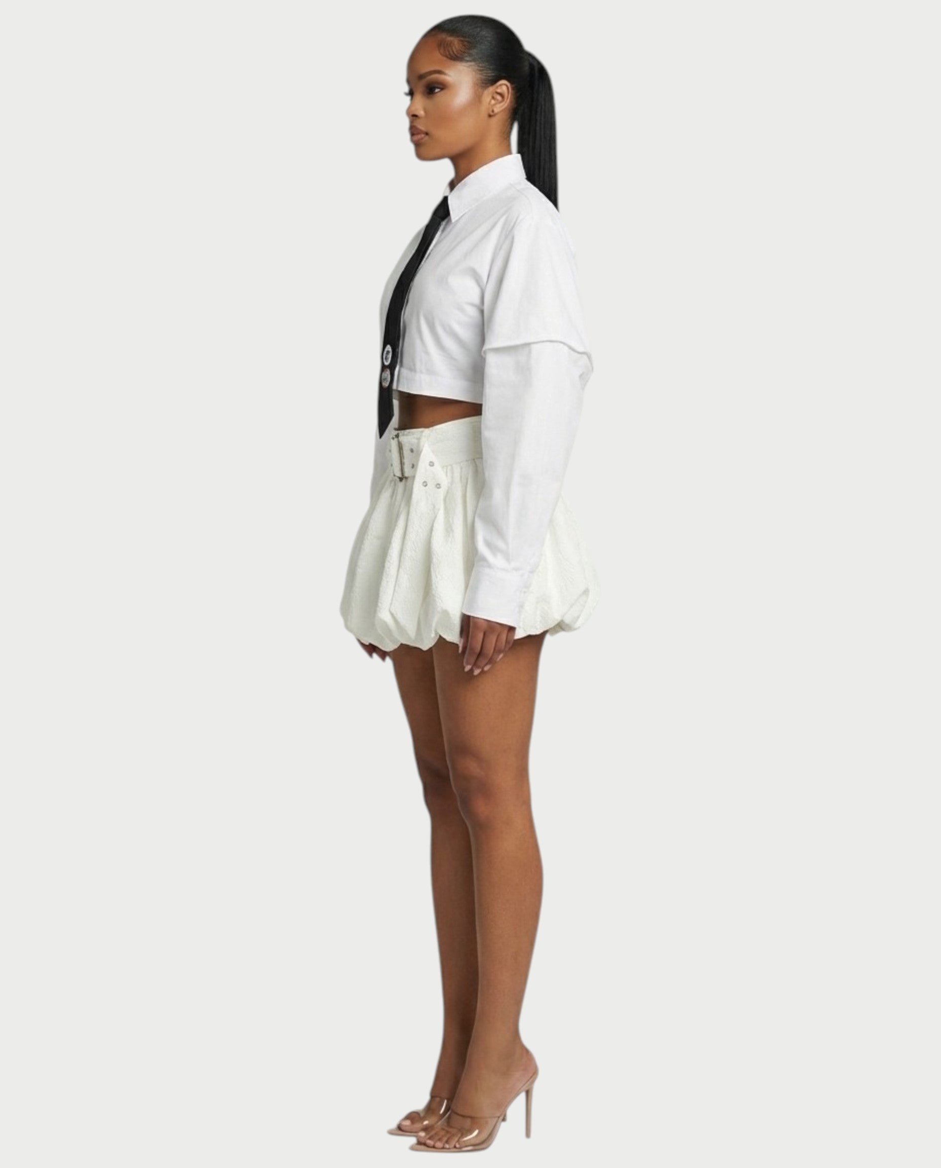 LAFIRNA Belted High-Waist Bubble Hem Mini Skort