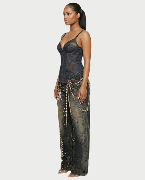 SANZA Vintage Denim Chain Detail Wide-Leg Pants