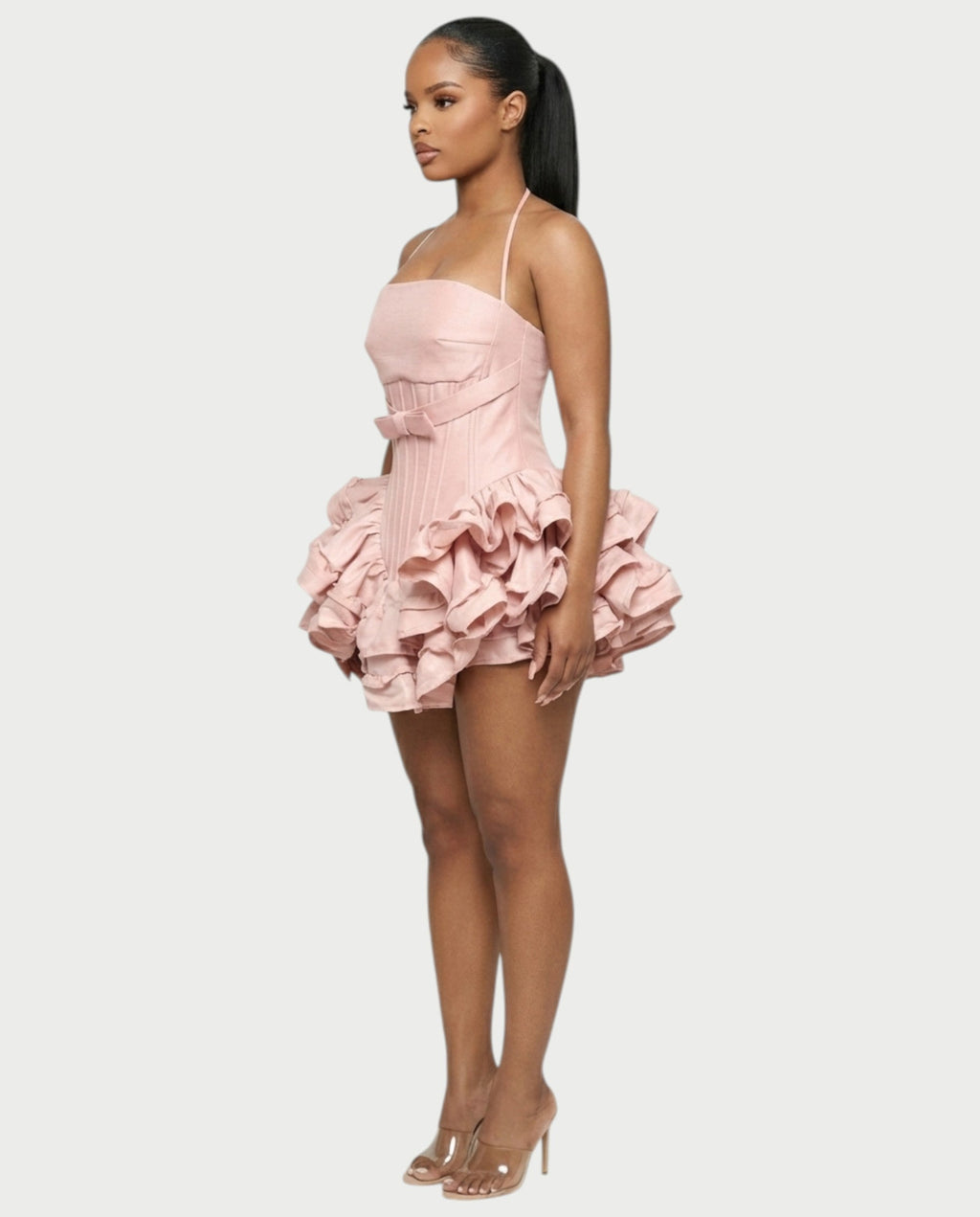 HELSA Halter Bow-Detail Corset Ruffle Mini Dress