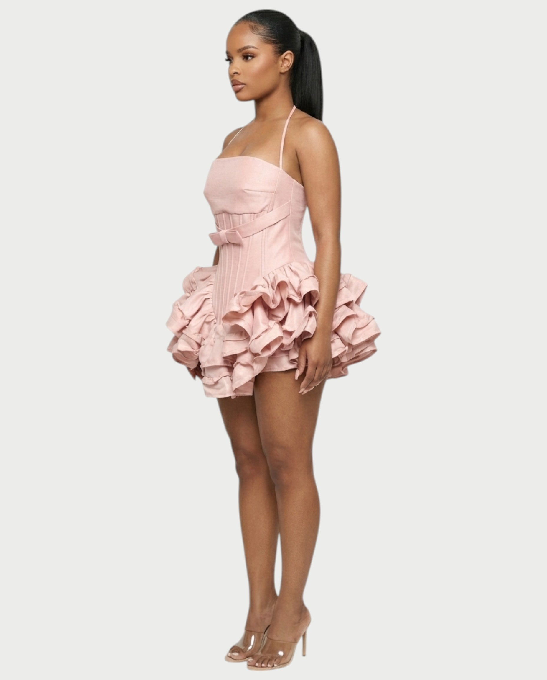 HELSA Halter Bow-Detail Corset Ruffle Mini Dress