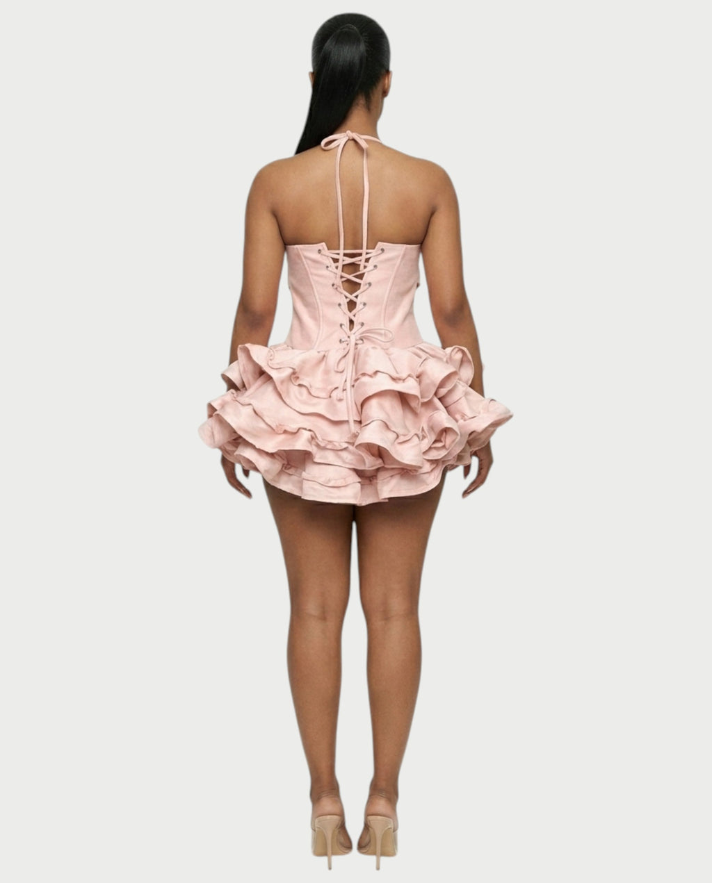 HELSA Halter Bow-Detail Corset Ruffle Mini Dress
