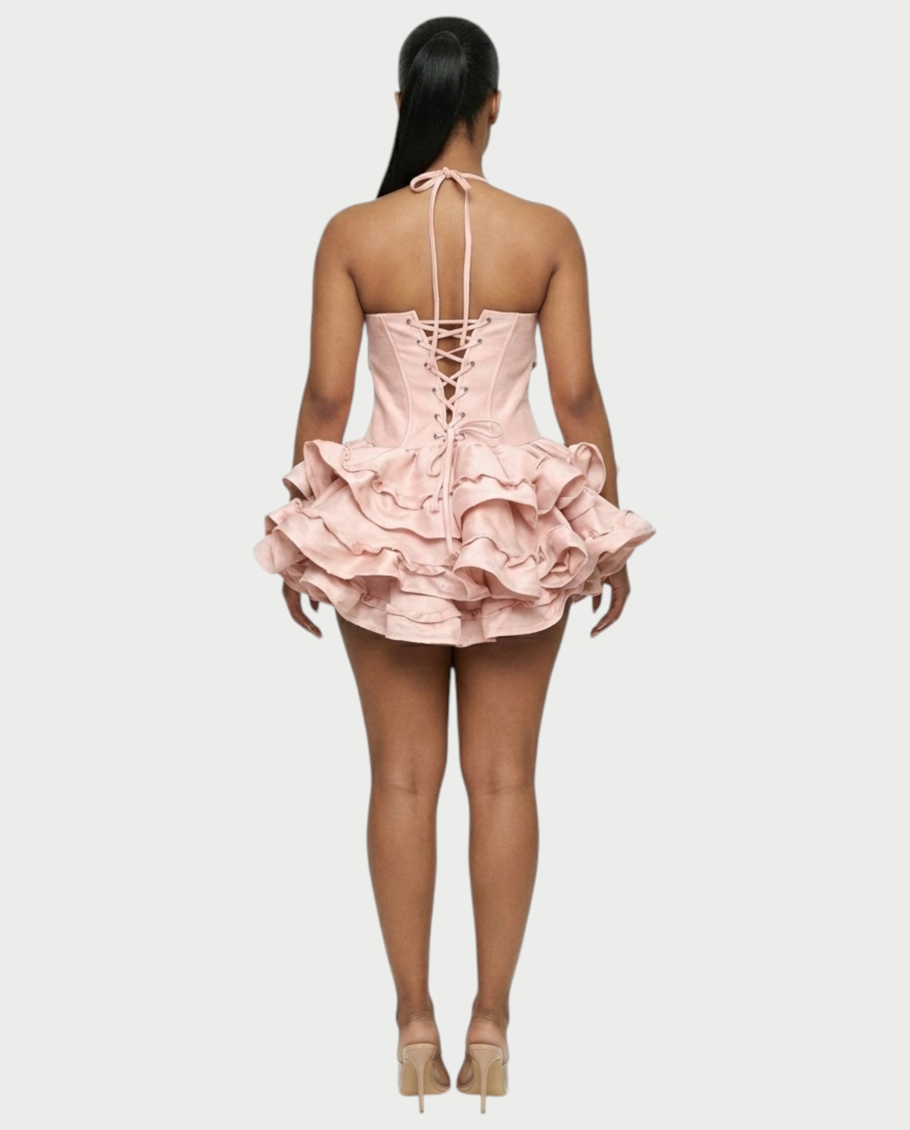 HELSA Halter Bow-Detail Corset Ruffle Mini Dress