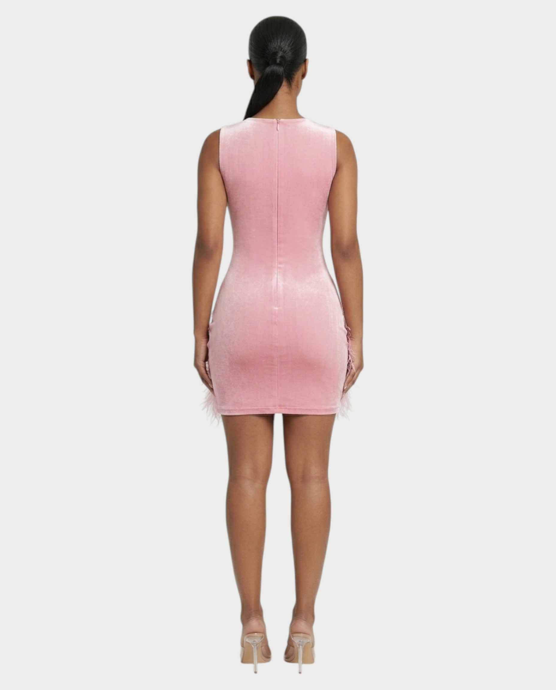 FAVE Rhinestone Feather Trim Mini Dress