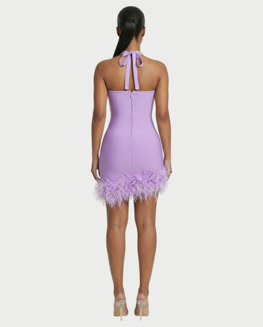 QUENCY Crystal Halter Feather Trim Mini Dress
