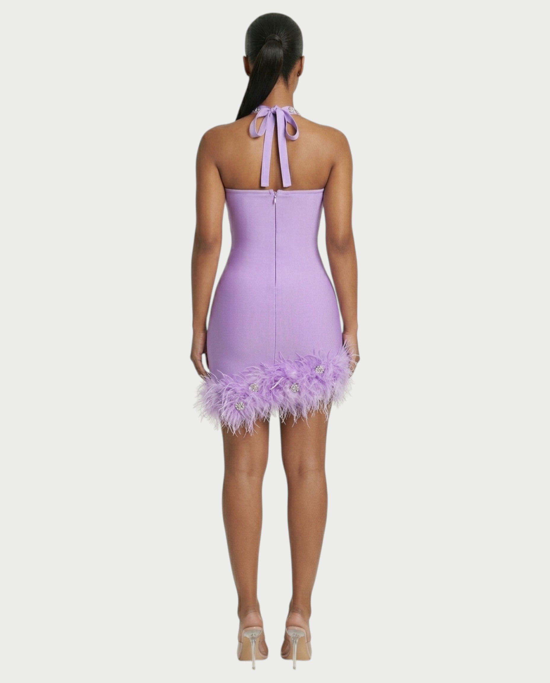 QUENCY Crystal Halter Feather Trim Mini Dress