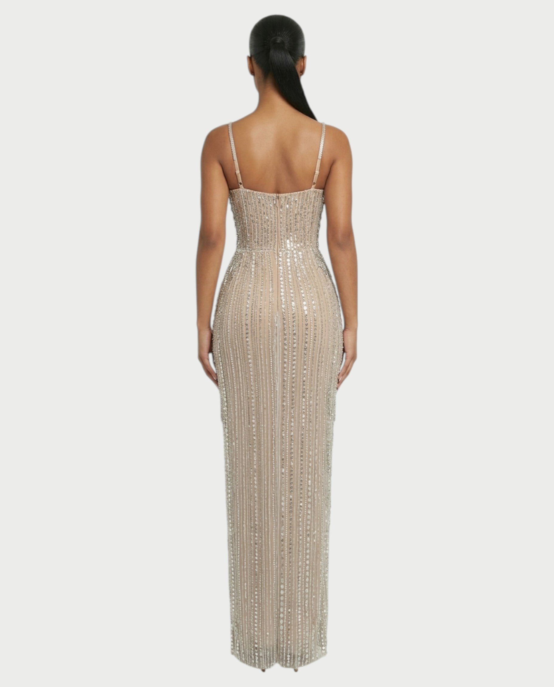 AERIS Crystal Fringe Sheer Corset Maxi Dress